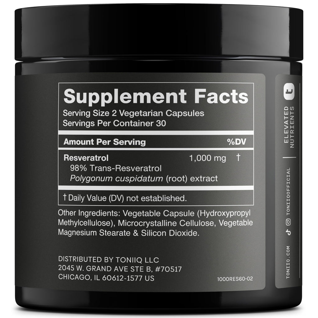 Ultra High Potency Third-Party Tested Trans Resveratrol 1000mg - 98% Pure, Highly Purified and Bioavailable - Resveratrol Polygonum Root Extract - 60 Capsules Toniiq Au supplements