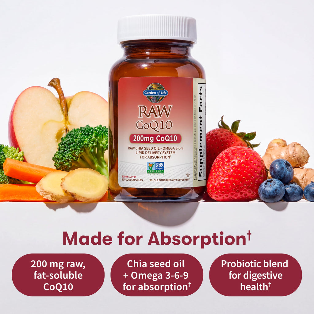 Garden of Life CoQ10 200mg, Vegetarian Omega 3 6 9 Supplement Raw Co Q 10 Chia Seed Oil, Whole Food Nutrition with Antioxidant Support
