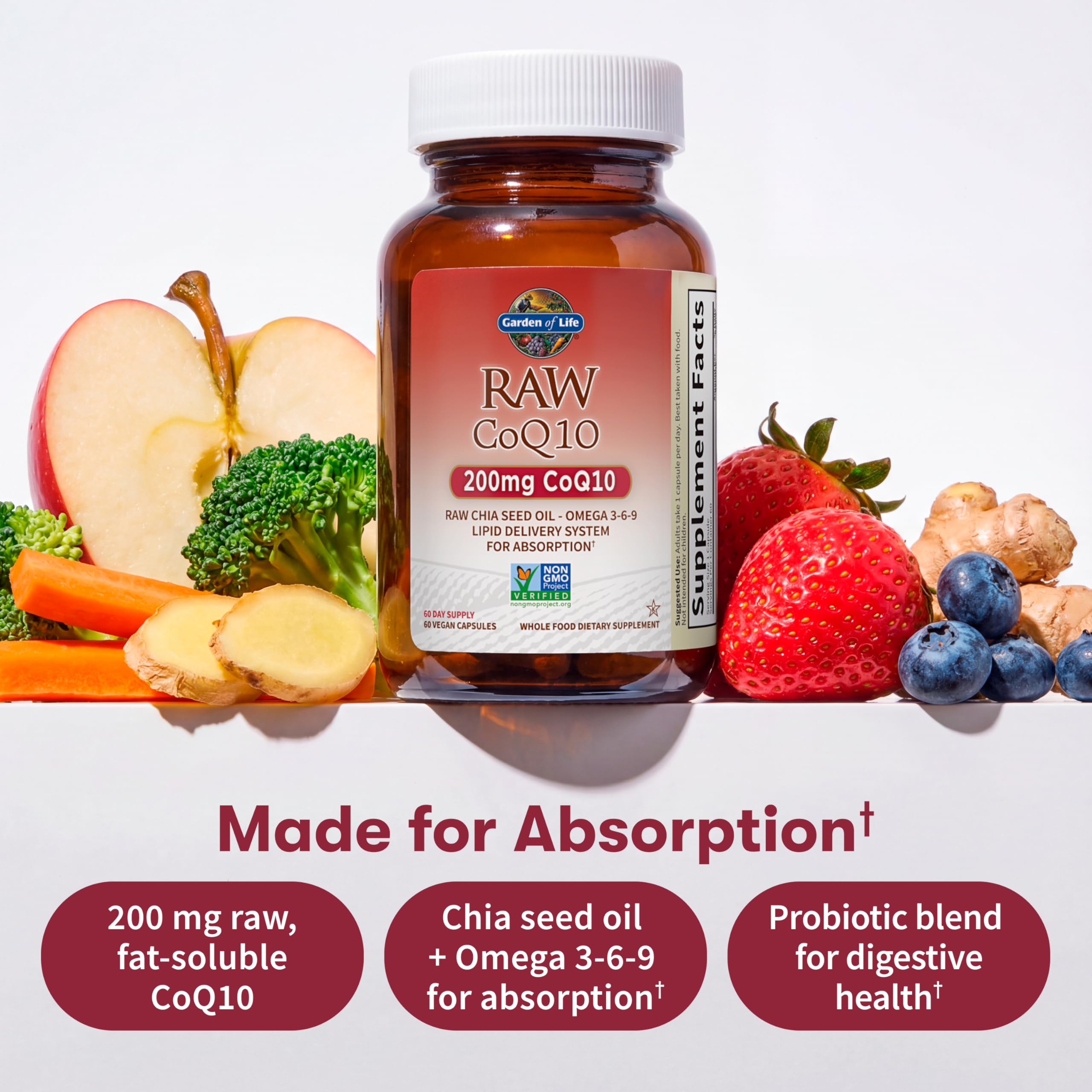 Garden of Life CoQ10 200mg, Vegetarian Omega 3 6 9 Supplement Raw Co Q 10 Chia Seed Oil, Whole Food Nutrition with Antioxidant Support