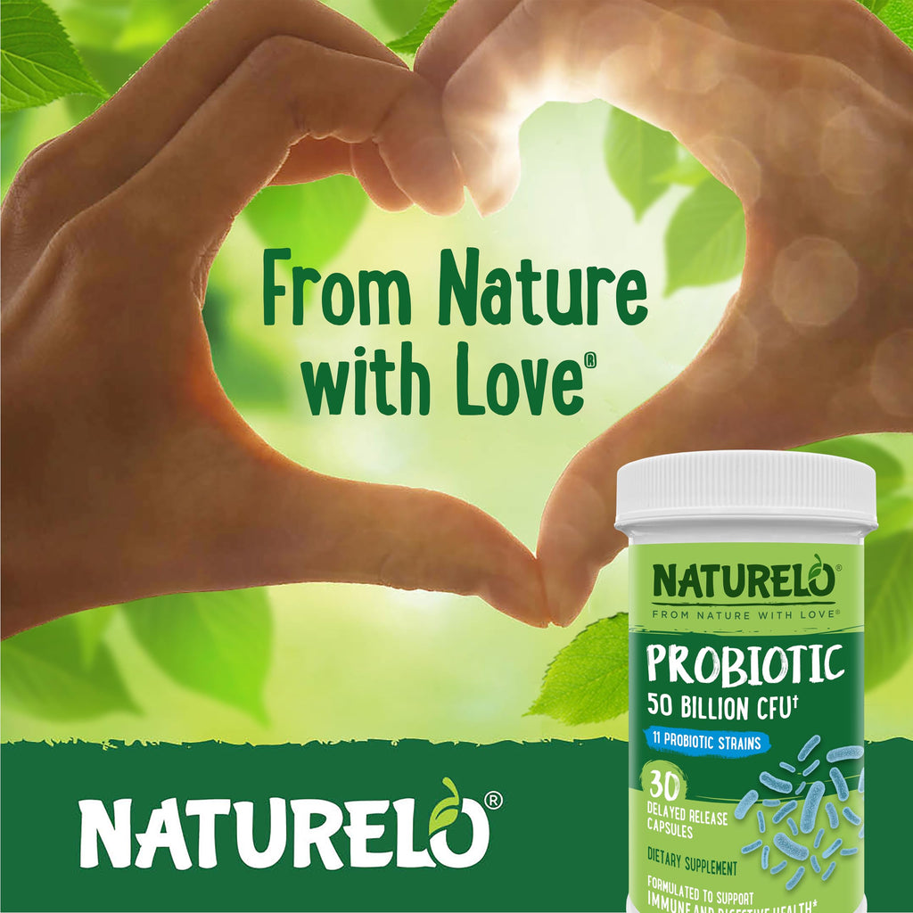 NATURELO Probiotics for Digestive Health, 50 Billion CFU, 30 Vegetarian Capsules, 11 Strains, Daily Use Supplement, Delayed Release, No-Fridge, Helps Boost Immune System,