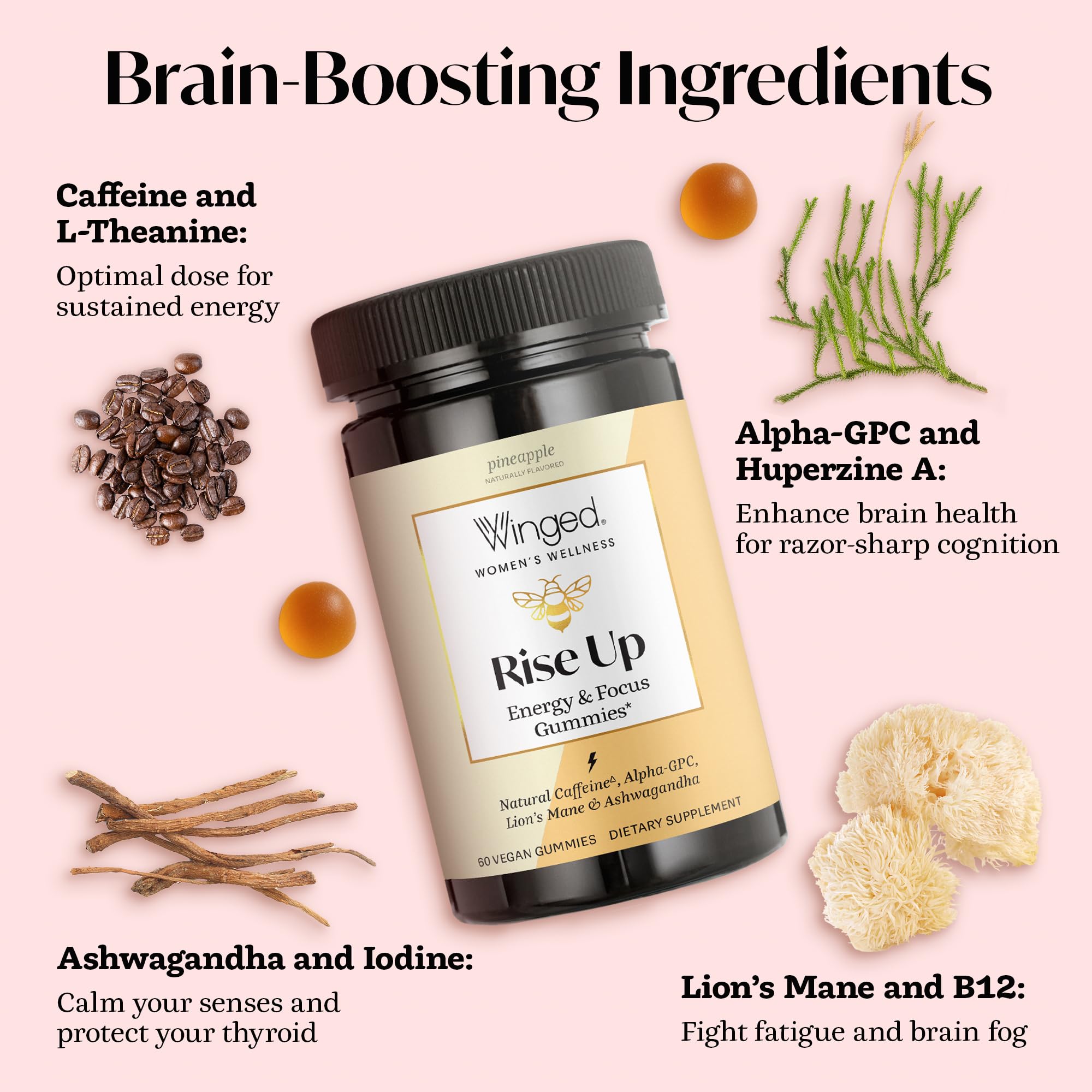 Winged Wellness Rise Up, Energy & Focus Gummies for Women - Daily Brain Boost Gummy Supplement with Natural Caffeine, Ashwagandha, B12, Nootropics Alpha-GPC & Lion’s Mane - Pineapple, 60 Gummies Winged Wellness Au supplements