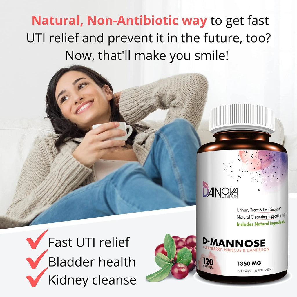 Dainova D Mannose 1350mg with Cranberry I D-Mannose Capsules for UTI Prevention, Urinary Tract Support, Urinary Tract Health for Women, & Cleanse. W/Hibiscus & Dandelion, 120 Veggie Capsules Dainova Nutrition Au supplements