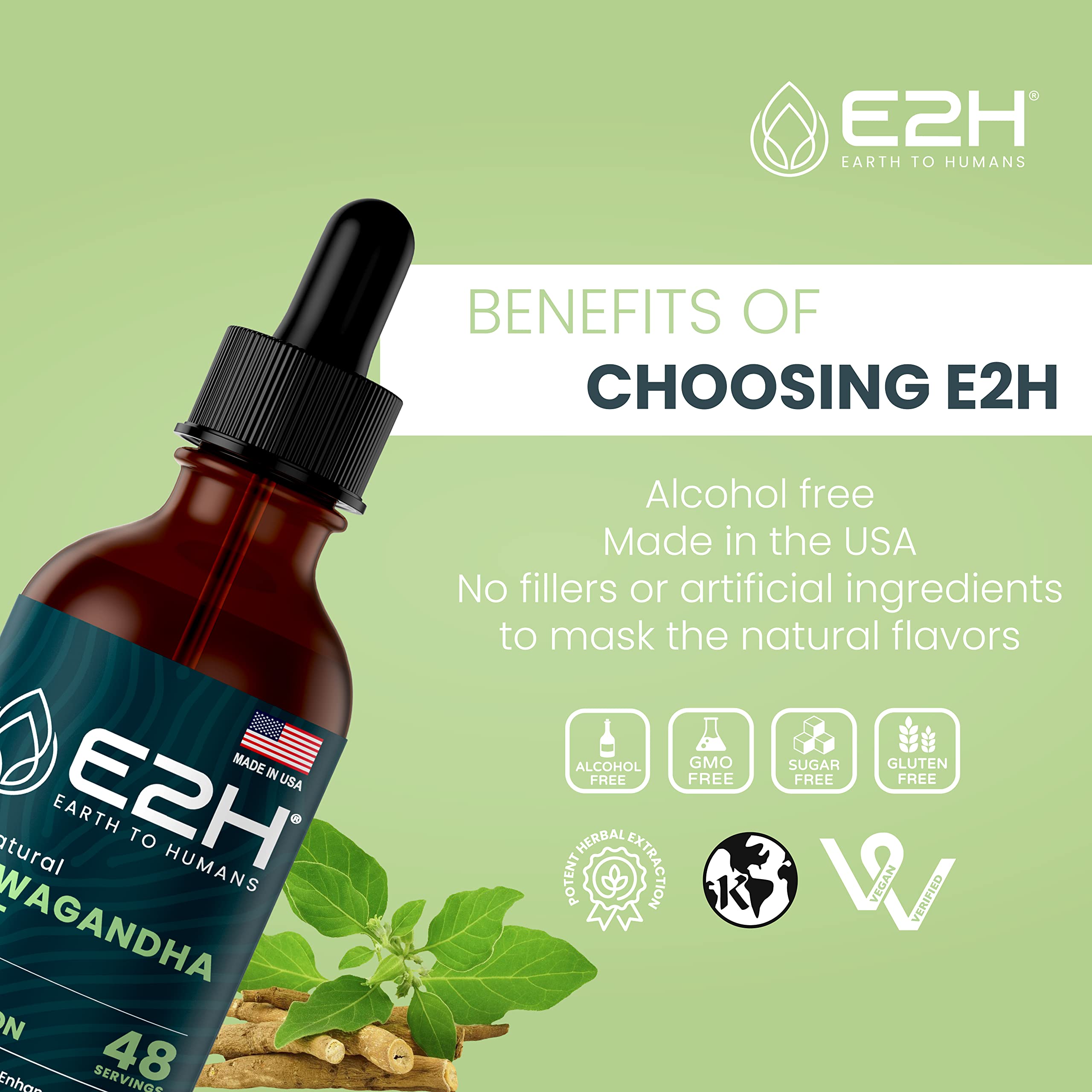 E2H Ashwagandha Liquid Drops - All-Natural Ashwagandha Supplement for Stress Relief and Mood Enhancer- Organic Ashwagandha Root Extract Effective Cortisol Manager | Non-GMO, Vegan | 2 Fl Oz E2H EARTH TO HUMANS Au supplements