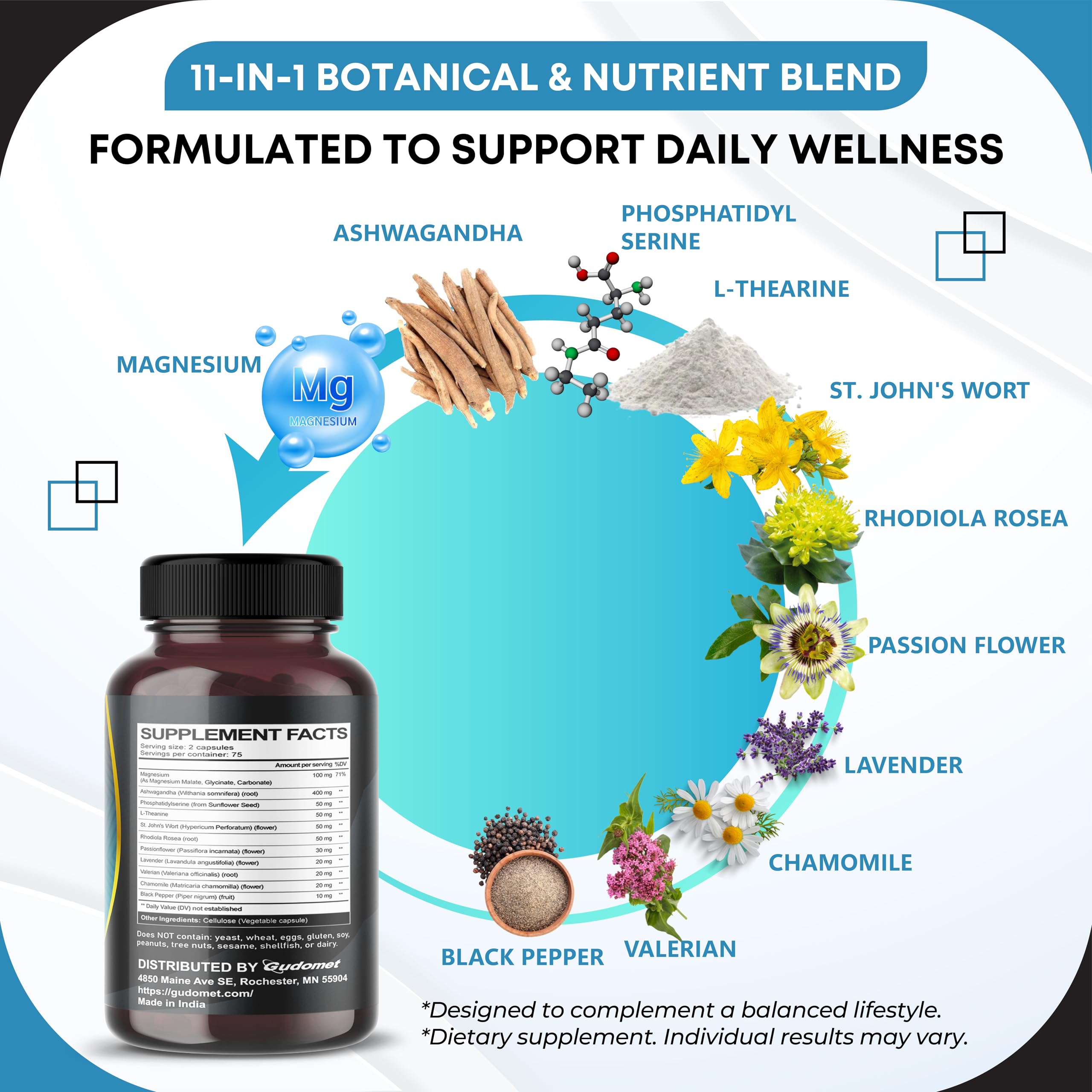 GUDOMET CORTISOL Wellness Magnesium Ashwagandha L-Theanine Phosphatidylserine Rhodiola Rosea Passionflower Lavender Chamomile -150 Capsules GUDOMET Au supplements