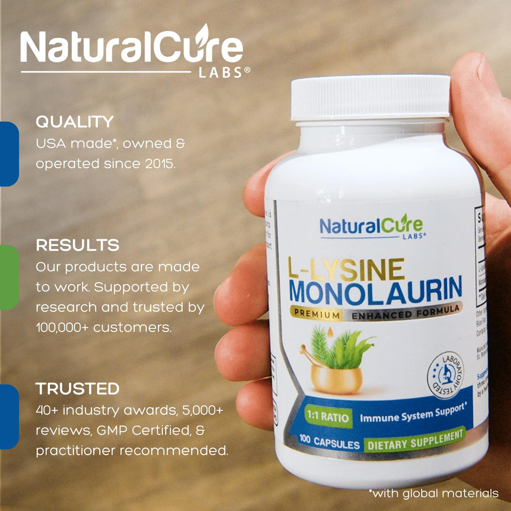 Natural Cure Labs L-Lysine with Monolaurin 600mg 1:1 Ratio, 100 Capsules