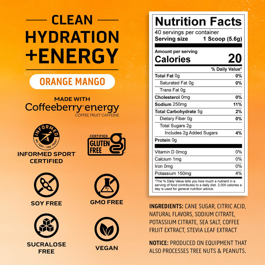 Ascent Clean Hydration + Energy Electrolytes Powder - 100mg Caffeine, 400mg Electrolytes, No Artificial Ingredients, Orange Mango 40 Servings