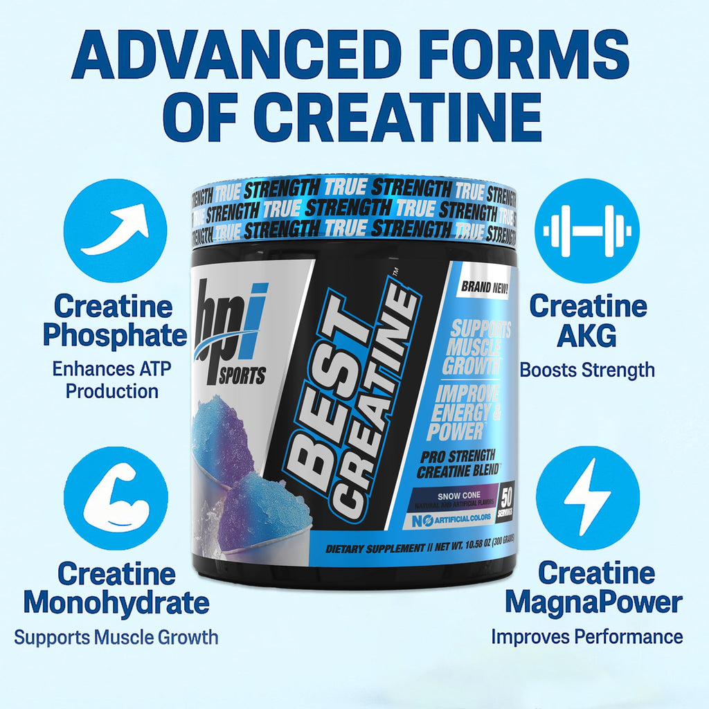 BPI Sports Best Creatine - Creatine Monohydrate Powder for Men & Women, Himalayan Salt - Strength, Pump, Endurance, Muscle Growth, Muscle Definition - No Bloat - Snow Cone - 50 servings - 10.58 Oz BPI Sports Au supplements