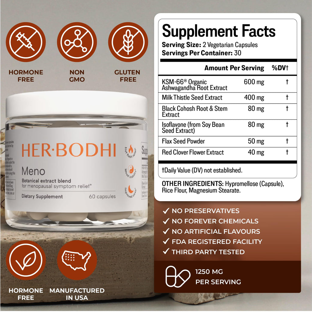Her Bodhi Meno- Menopause Hormonal Balance for Women, Estrogen Soy Isoflavones Menopause Supplement for Women | with Ashwagandha & Black Cohosh | Hot Flashes Menopause Relief (60 Capsules) Her Bodhi Au supplements