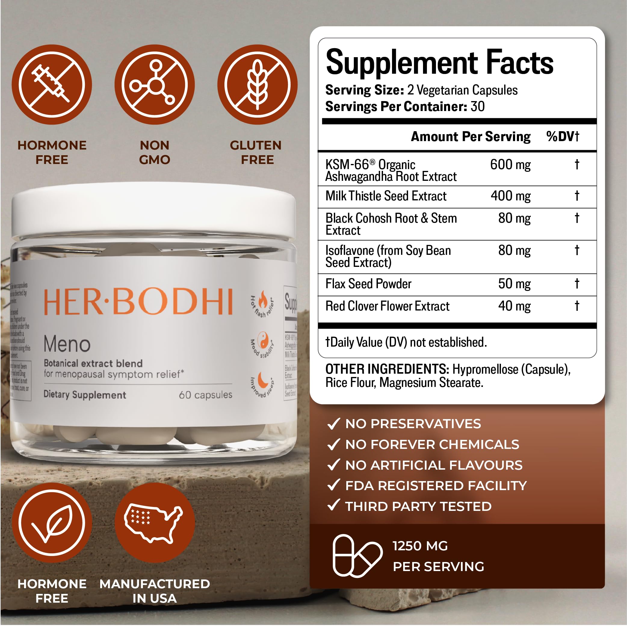 Her Bodhi Meno- Menopause Hormonal Balance for Women, Estrogen Soy Isoflavones Menopause Supplement for Women | with Ashwagandha & Black Cohosh | Hot Flashes Menopause Relief (60 Capsules) Her Bodhi Au supplements