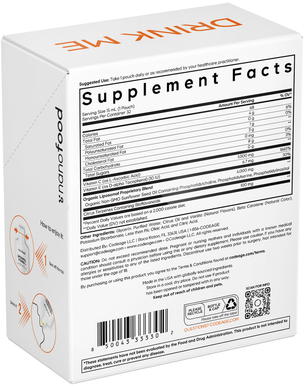 Codeage Liposomal Vitamin C Liquid 1000mg Vitamin C, 4000mg Essential Phospholipids, Supplement For Daily Immune Support, Liposomes For Absorption, Citrus Bioflavonoids, Vitamin E, Non-GMO, 32 Pouches Codeage Au supplements
