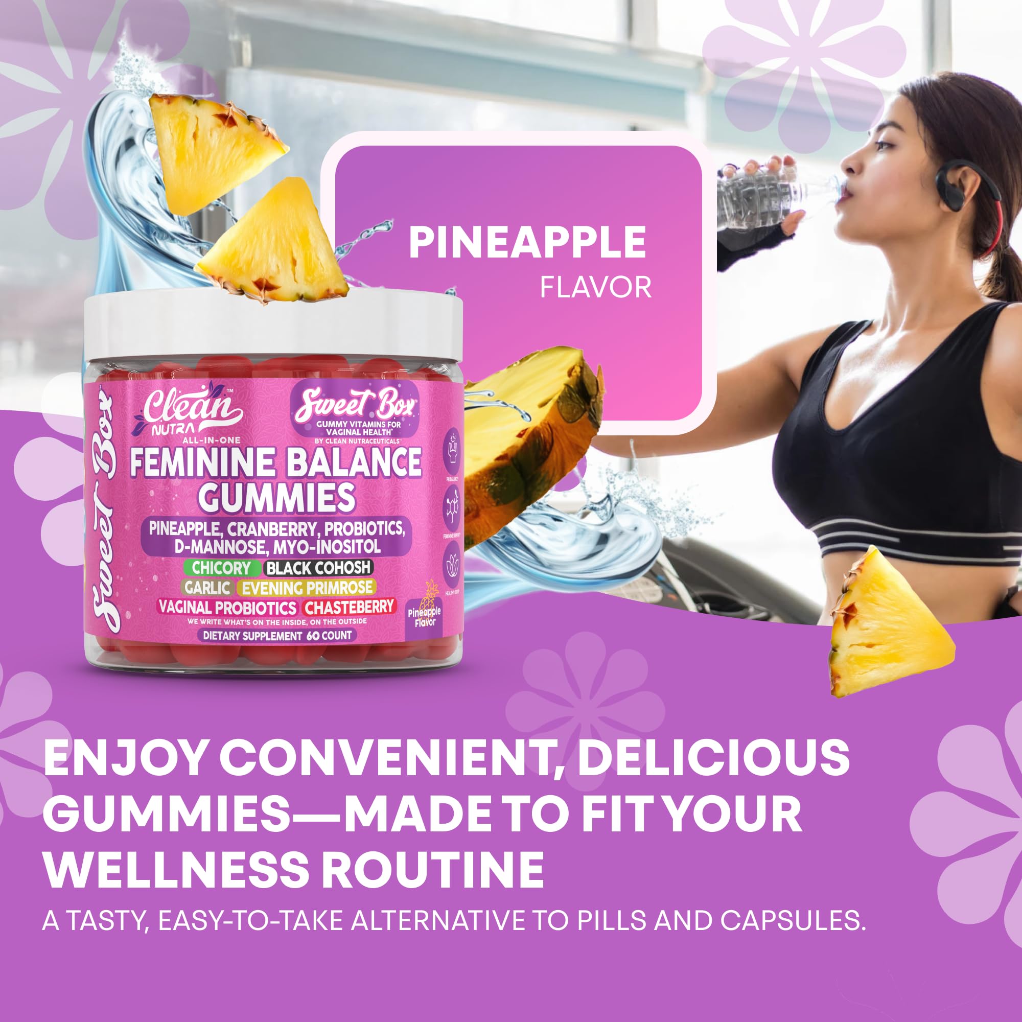 Clean Nutra Feminine Balance Gummies for Women Pineapple VaginalProbiotics pH Balance Cranberry D Mannose Supplement Inositol Black Cohosh Evening Primrose Garlic Vitex GLA Prebiotics Folate 60ct Clean Nutraceuticals Au supplements