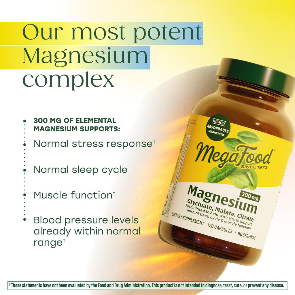 MegaFood Magnesium Glycinate, Citrate & Malate 300mg Supplement - Highly Absorbable Blend to Support Heart, Nerve Health & Relaxation,