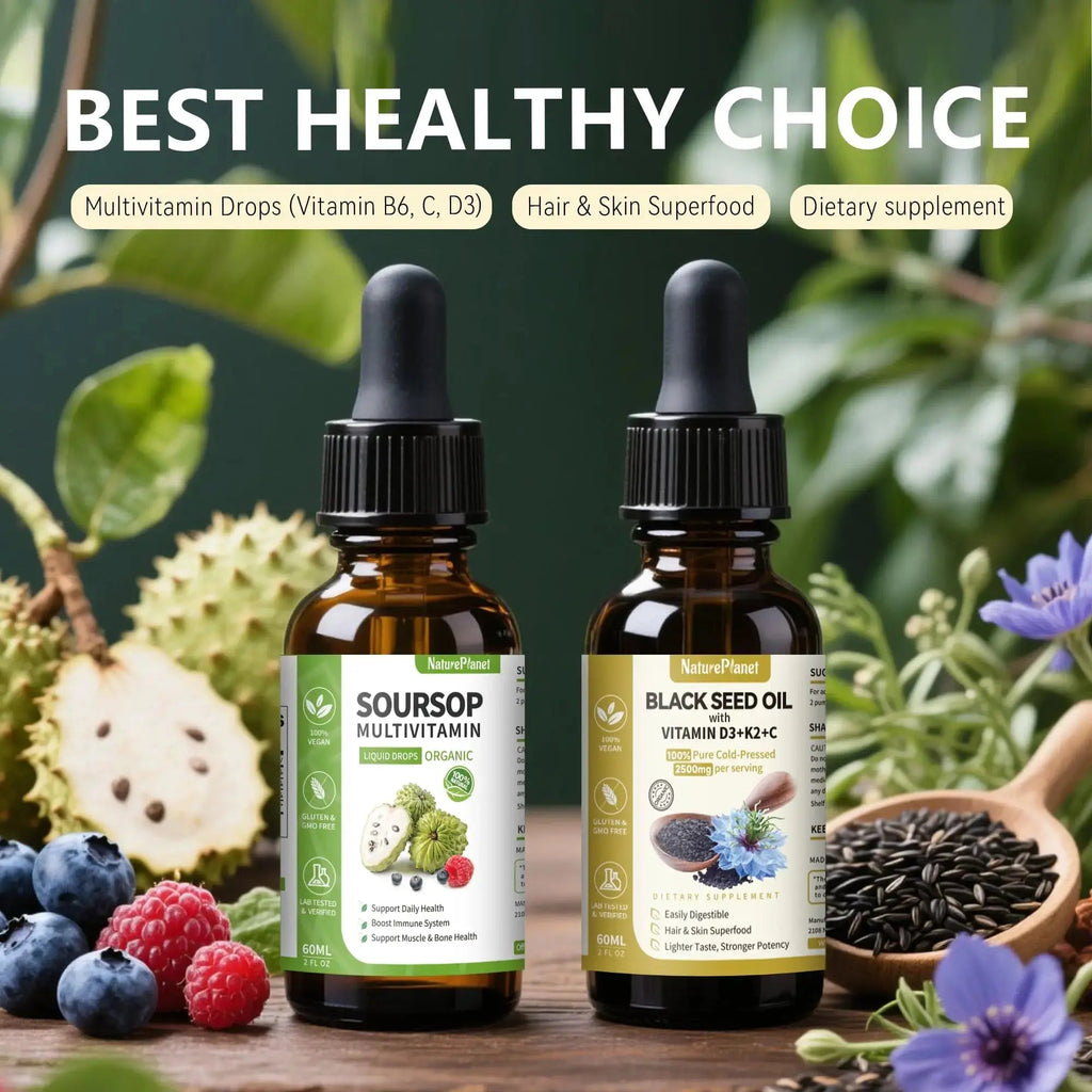NaturePlanet Organic Soursop Bitters and Black Seed Oil Drops Bundles with Vitamins D3, K2, B6, C | NaturePlanet Au supplements