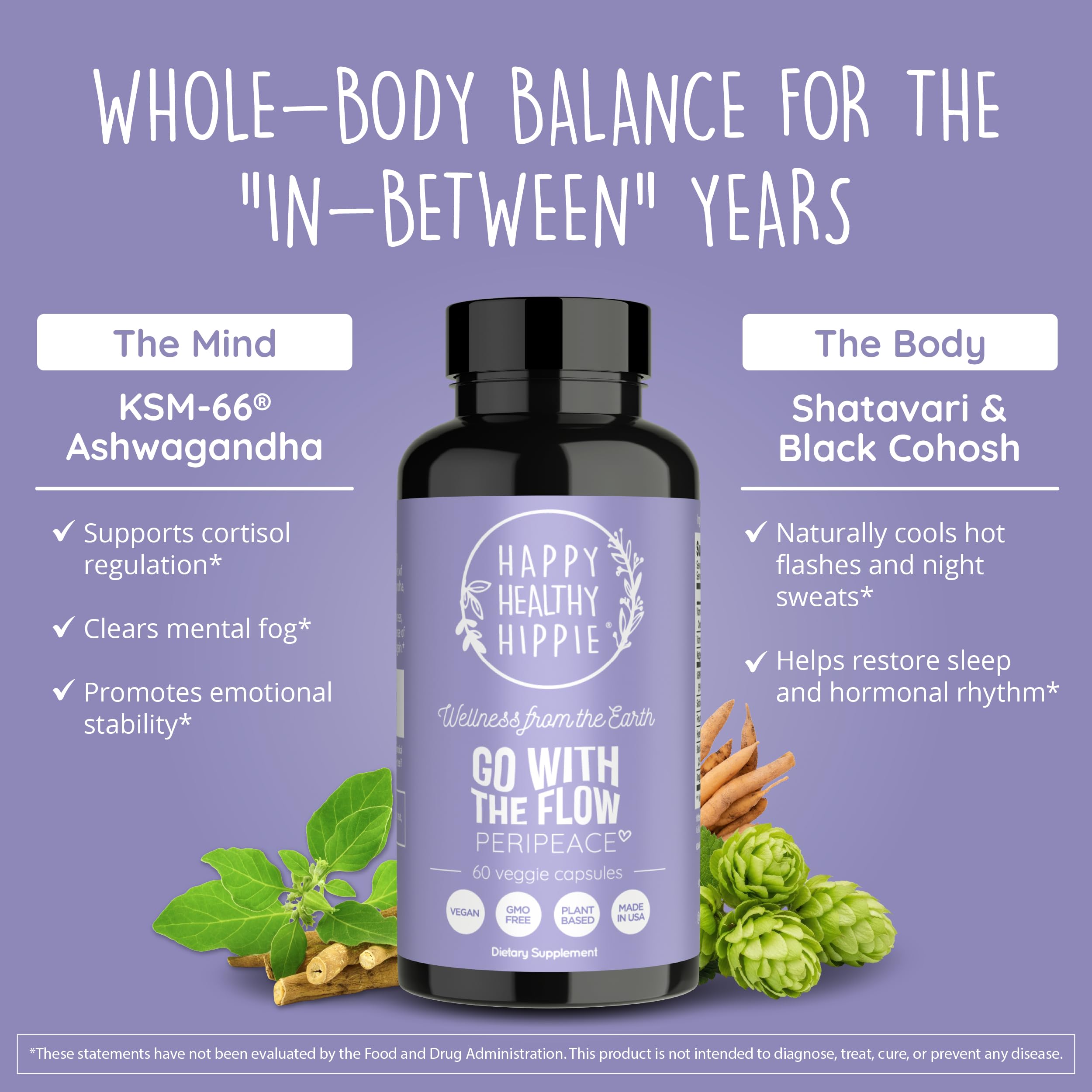 Perimenopause Supplements for Women | Hot Flash, Night Sweat, Mood & Sleep Support | Vegan Hormone Balance Capsules with KSM-66 Ashwagandha, Shatavari & Black Cohosh | Estrogen-Free, 60ct Happy Healthy Hippie Au supplements
