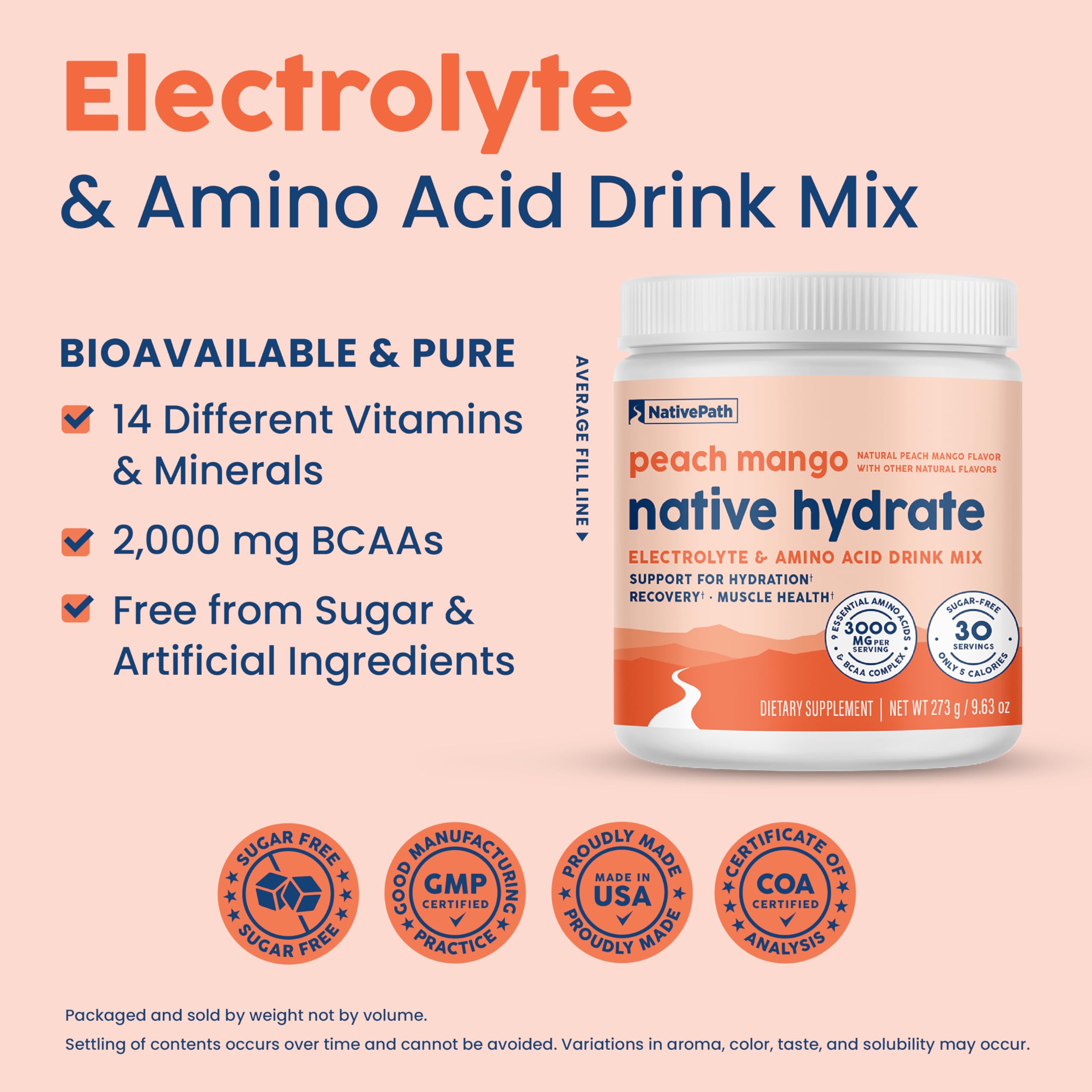 NativePath Hydrate, Zero Sugar, Electrolytes Powder with BCAAs, Peach Mango Hydration, Keto & Paleo Friendly, 30 Servings