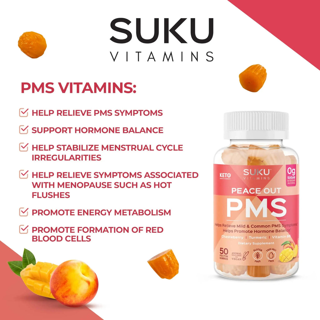 SUKU Vitamins - PMS Gummy Supplement with Chasteberry to Relieve PMS and Menopause Peach Mango Gummies (50 Count) SUKU Au supplements