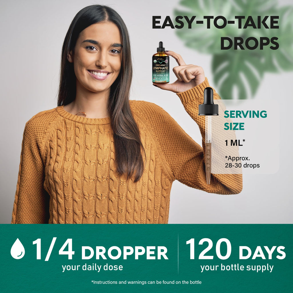 USDA Organic Lymphatic Drainage Supplement - Echinacea | Elderberry | Dandelion | Rosehip | Cleavers | Calendula | Burdock - Made in USA - Lymph System Drops