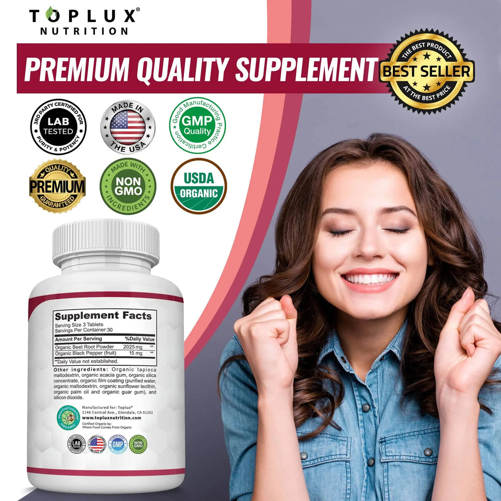 Organic Beet Root Powder Tablets - 2040mg Natural Nitric Oxide Beets to Support, Energy Toplux Au supplements