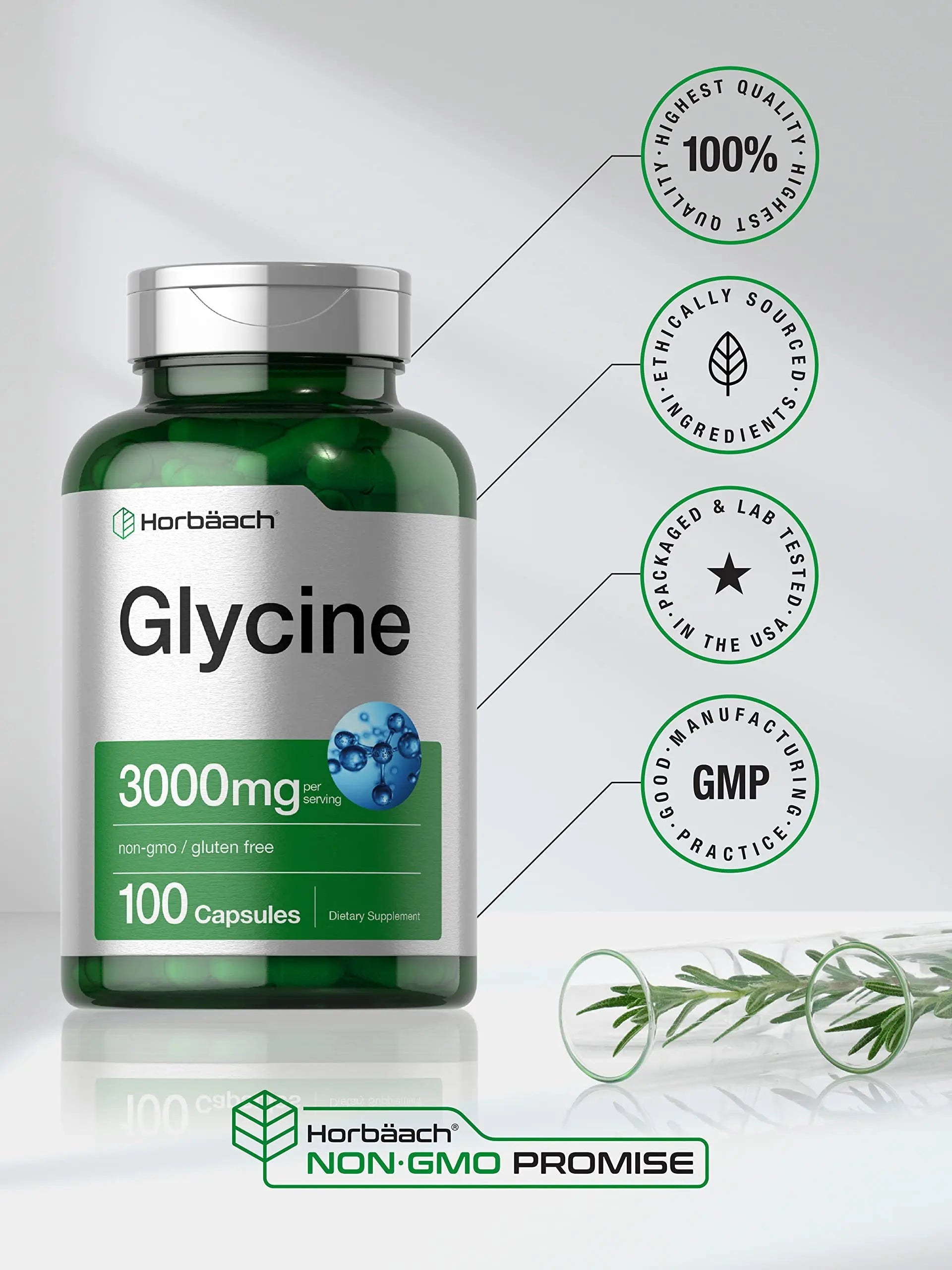 Glycine 3000 mg 100 Capsules | Non-GMO, Gluten Free Glycine Supplement | by Horbaach Horbäach Au supplements