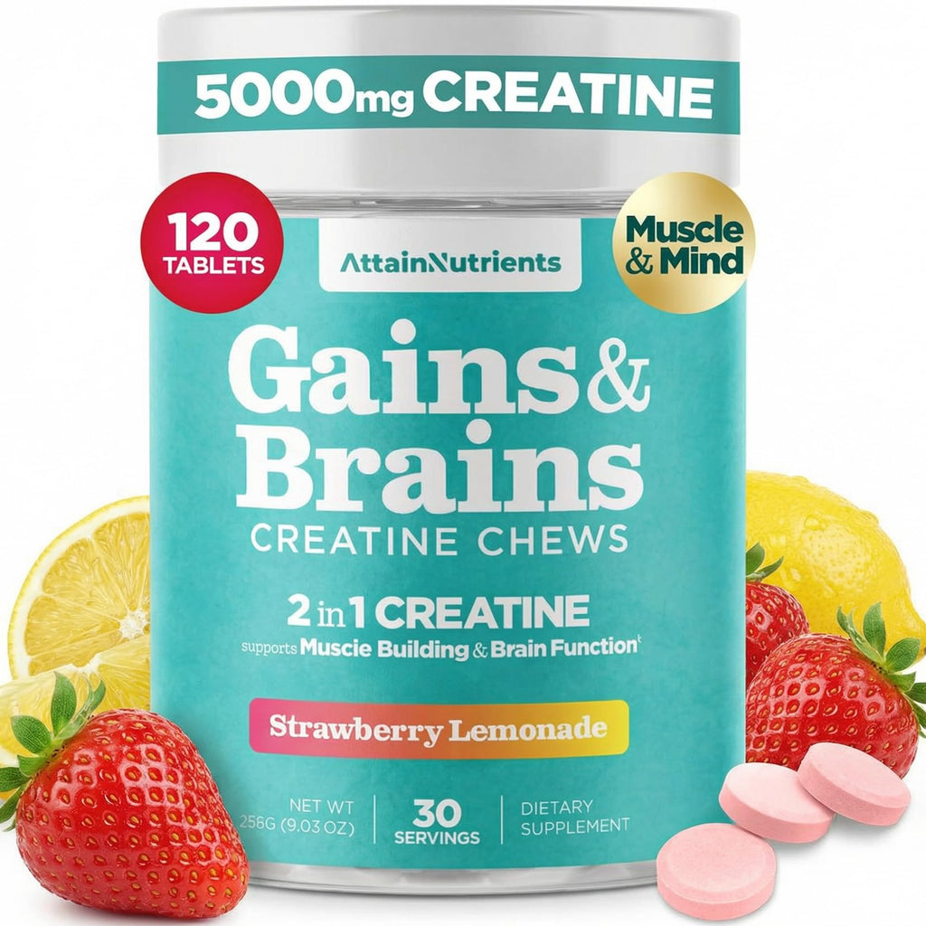 Creatine Chews - 5000mg Creatine Monohydrate Tablets for Men & Women with Ashwagandha KSM-66 - Low Sugar Muscle Support & Cognitive Boost - Gummy Alternative - 120 Count (Strawberry Lemonade) Attain Nutrients Au supplements