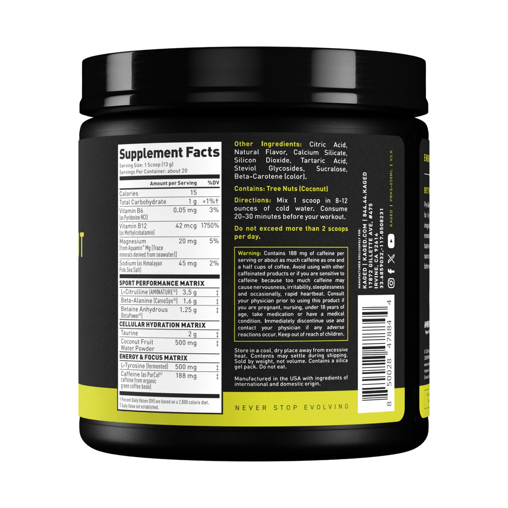 Kaged Sport Pre Workout Powder for Men & Women, Mango Lime, Sport Certified, 188mg Caffeine, Nitric Oxide Supplement, Beta Alanine for Energy, Weightlifting