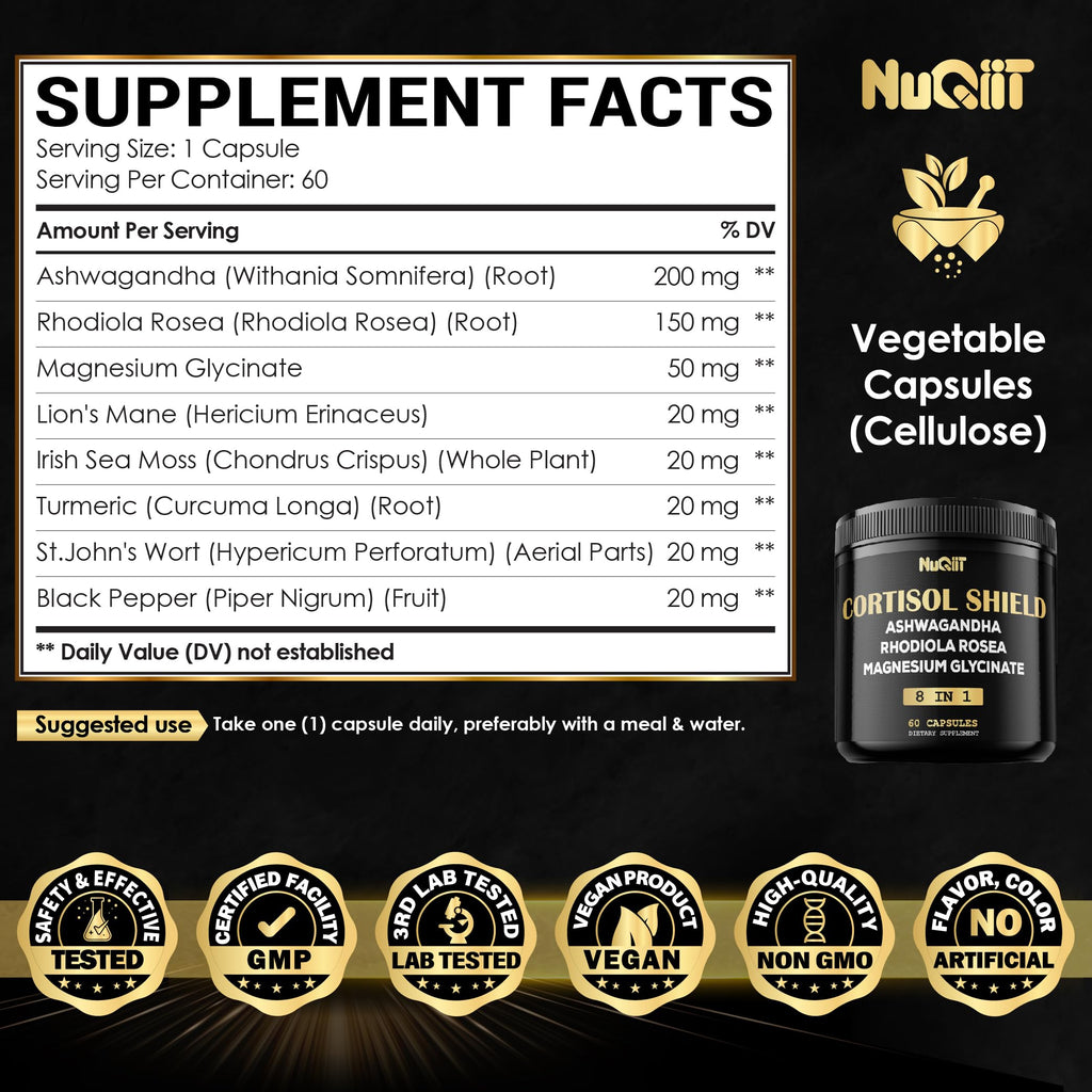 8in1 Cortisol Shield - Ashwagandha and Magnesium, Rhodiola Rosea, Lions Mane, Sea Moss, Turmeric, St Jonh's Wort - Mind& Mood Balance, Rest Well, Support Immume - 60 Capsules NUQIIT Au supplements