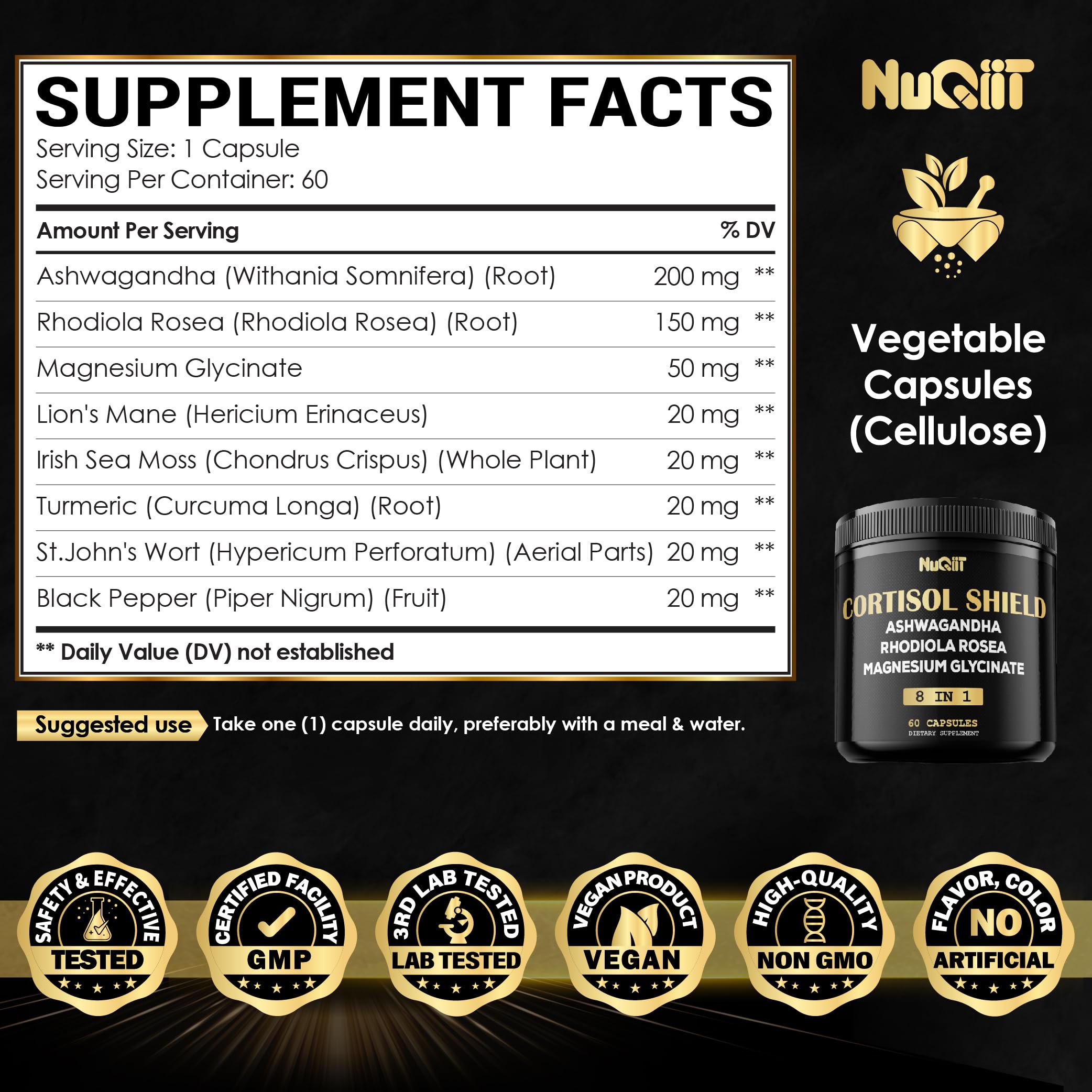 8in1 Cortisol Shield - Ashwagandha and Magnesium, Rhodiola Rosea, Lions Mane, Sea Moss, Turmeric, St Jonh's Wort - Mind& Mood Balance, Rest Well, Support Immume - 60 Capsules NUQIIT Au supplements