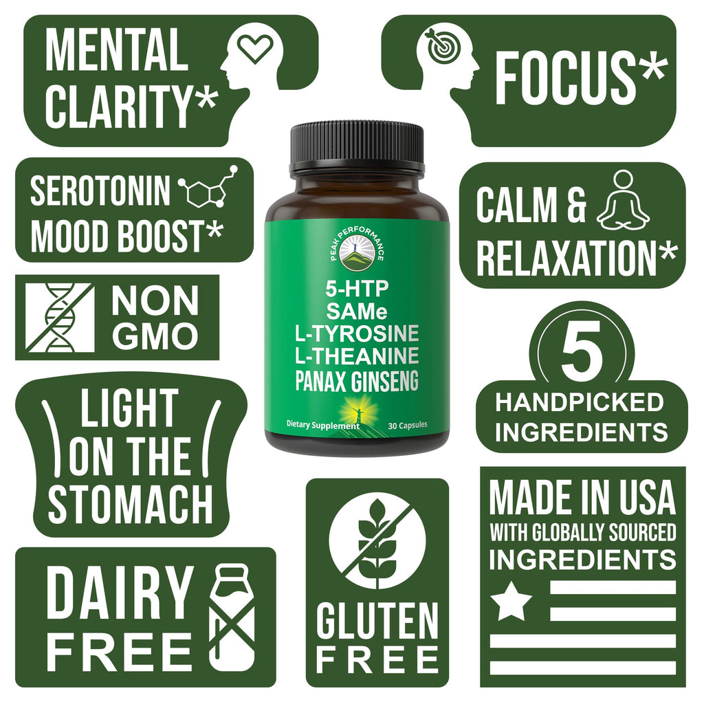 Peak Performance Mood Support Supplement with 5 Top Ingredients: 5HTP, SAM e, L Tyrosine, L Theanine, and Panax Ginseng. Calm, Focus, Relaxation Supplements. Vegan Peak Performance Au supplements