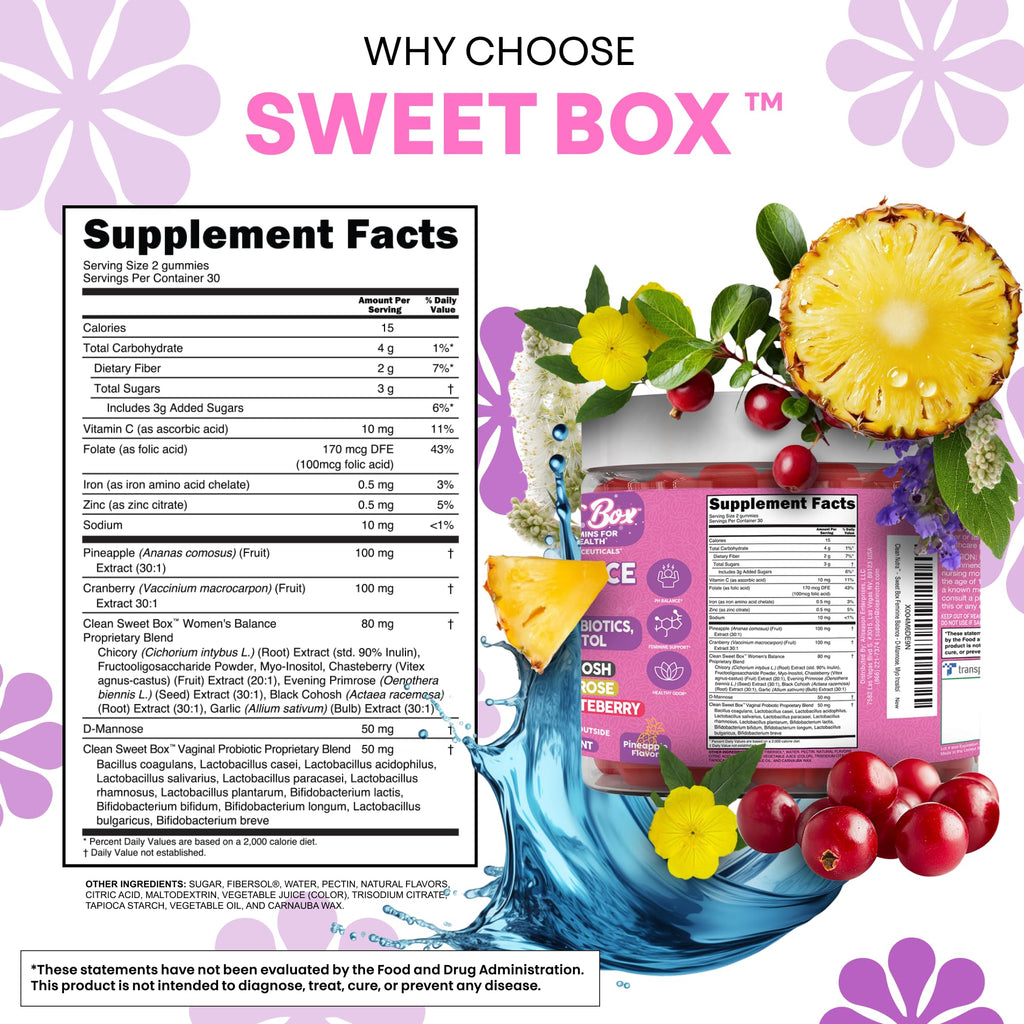 Clean Nutra Feminine Balance Gummies for Women Pineapple VaginalProbiotics pH Balance Cranberry D Mannose Supplement Inositol Black Cohosh Evening Primrose Garlic Vitex GLA Prebiotics Folate 60ct Clean Nutraceuticals Au supplements