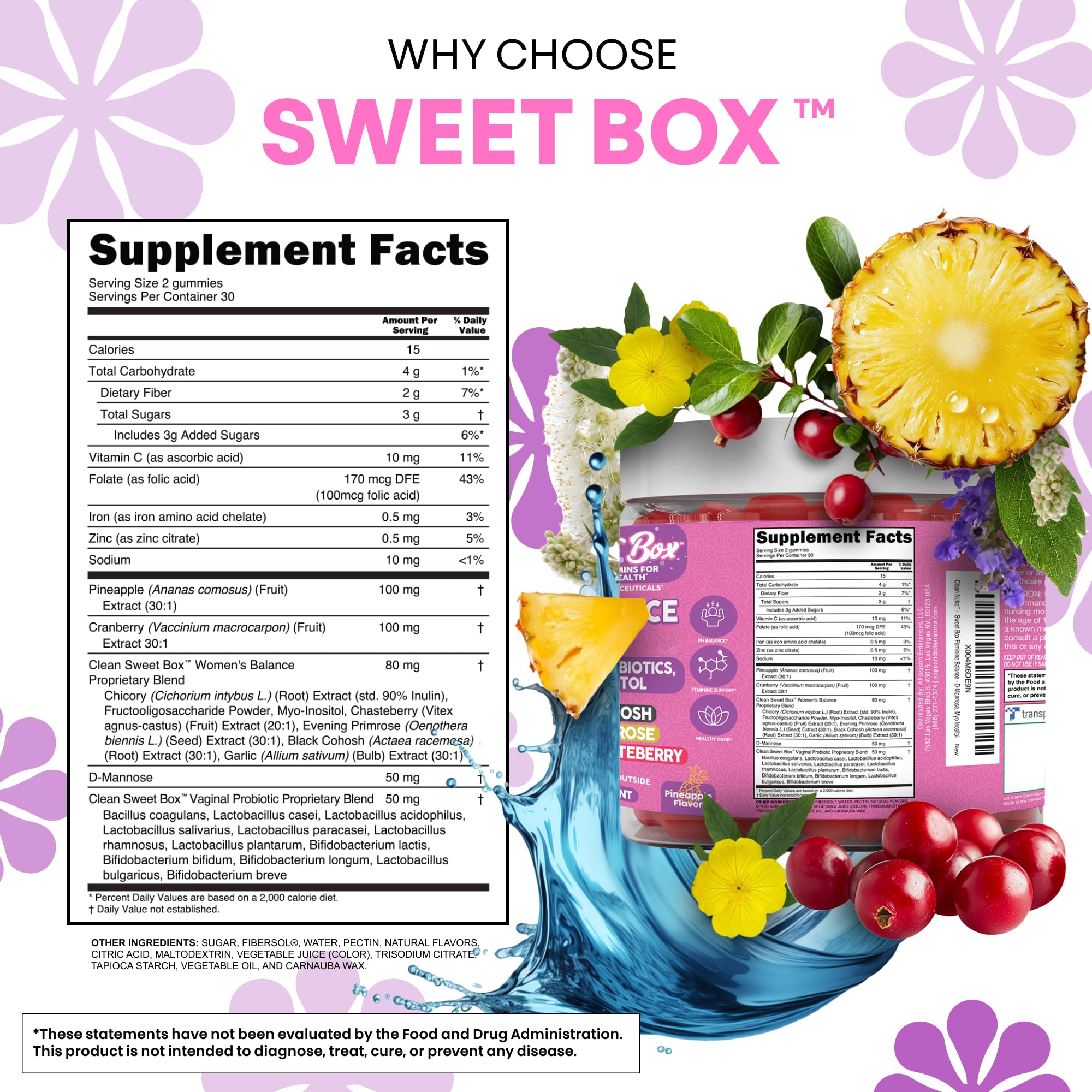 Clean Nutra Feminine Balance Gummies for Women Pineapple VaginalProbiotics pH Balance Cranberry D Mannose Supplement Inositol Black Cohosh Evening Primrose Garlic Vitex GLA Prebiotics Folate 60ct Clean Nutraceuticals Au supplements