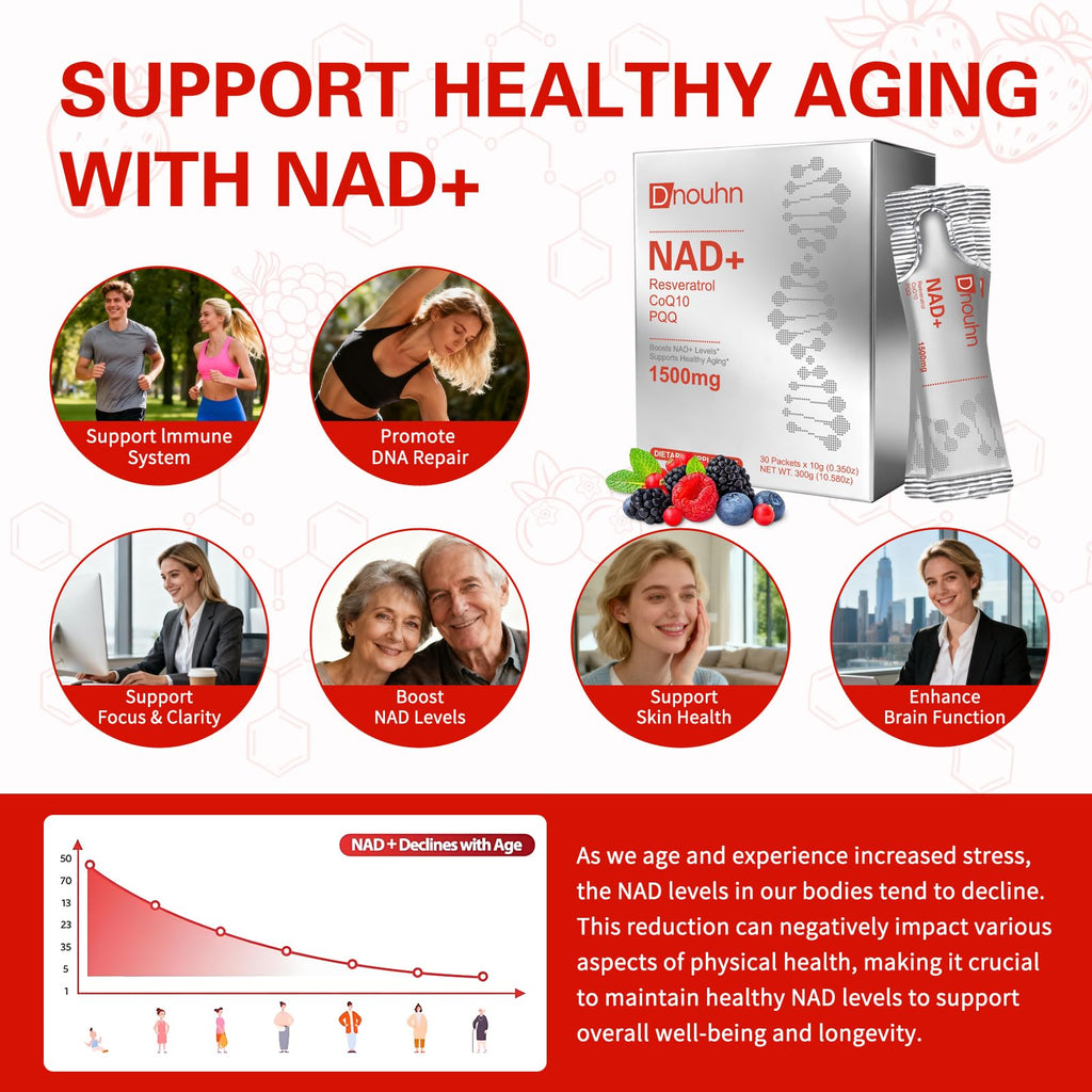 DNOUHN NAD Liquid Supplement 1500mg, Nicotinamide Riboside & Resveratrol with PQQ, NAD Supplement for Women & Men, Boosts Cellular Energy, Anti-Aging, Immune, Focus, 30 Packets DNOUHN Au supplements