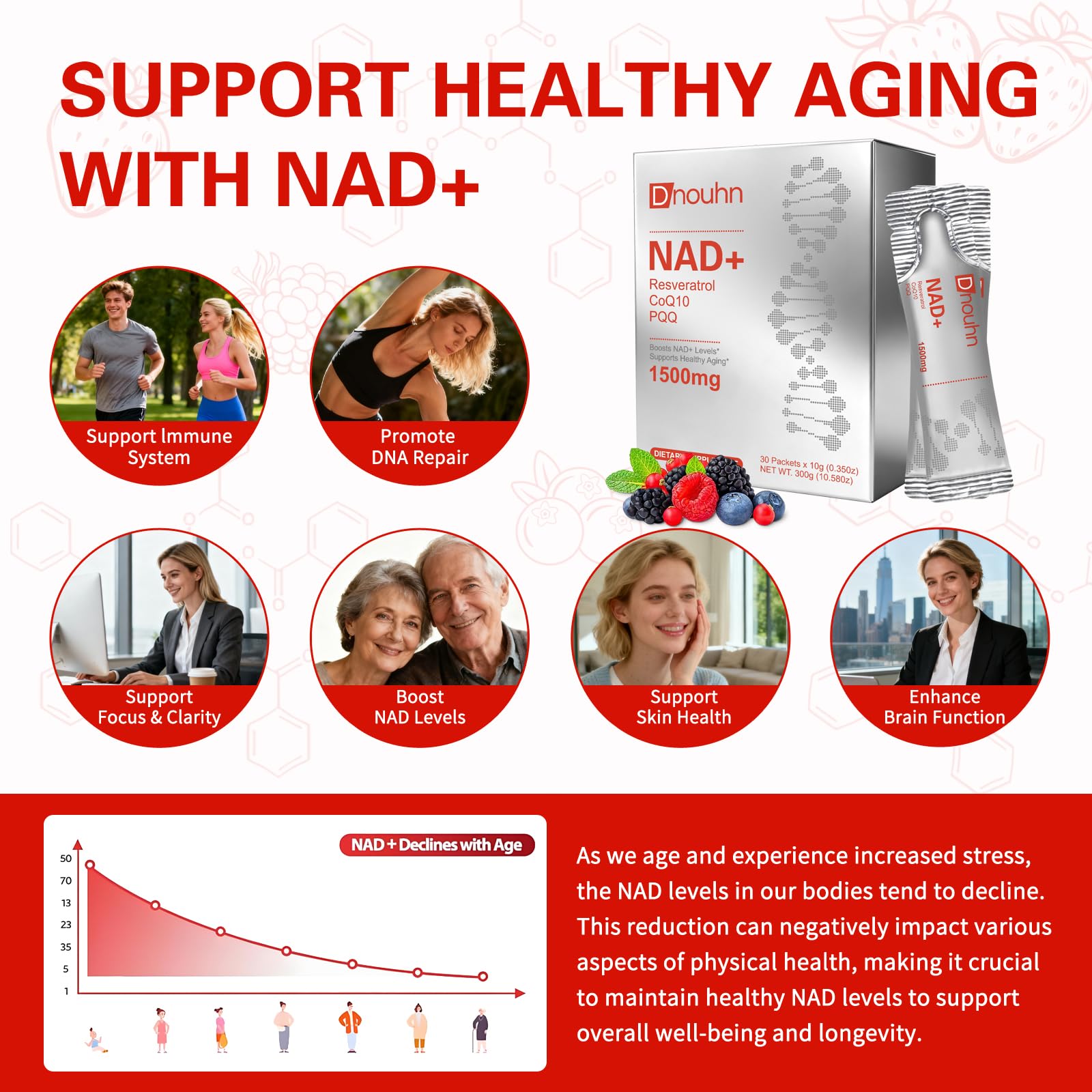 DNOUHN NAD Liquid Supplement 1500mg, Nicotinamide Riboside & Resveratrol with PQQ, NAD Supplement for Women & Men, Boosts Cellular Energy, Anti-Aging, Immune, Focus, 30 Packets DNOUHN Au supplements