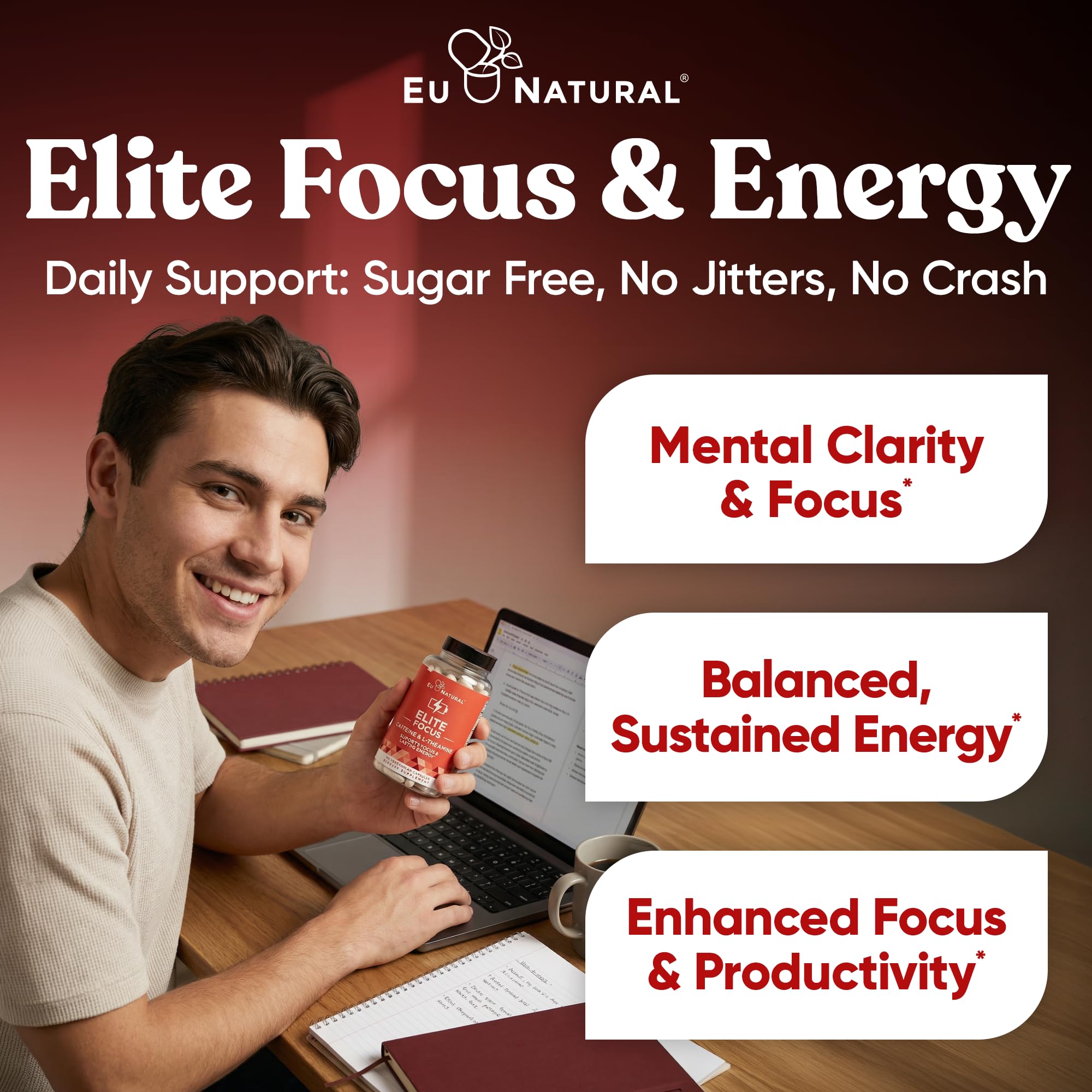 Eu Natural Elite Caffeine Pills with L-Theanine - 100mg Caffeine + 200mg L-Theanine - Jitter-Free Focused Energy & Clean Nootropic Stack - 240 Soft Capsules Eu Natural Au supplements