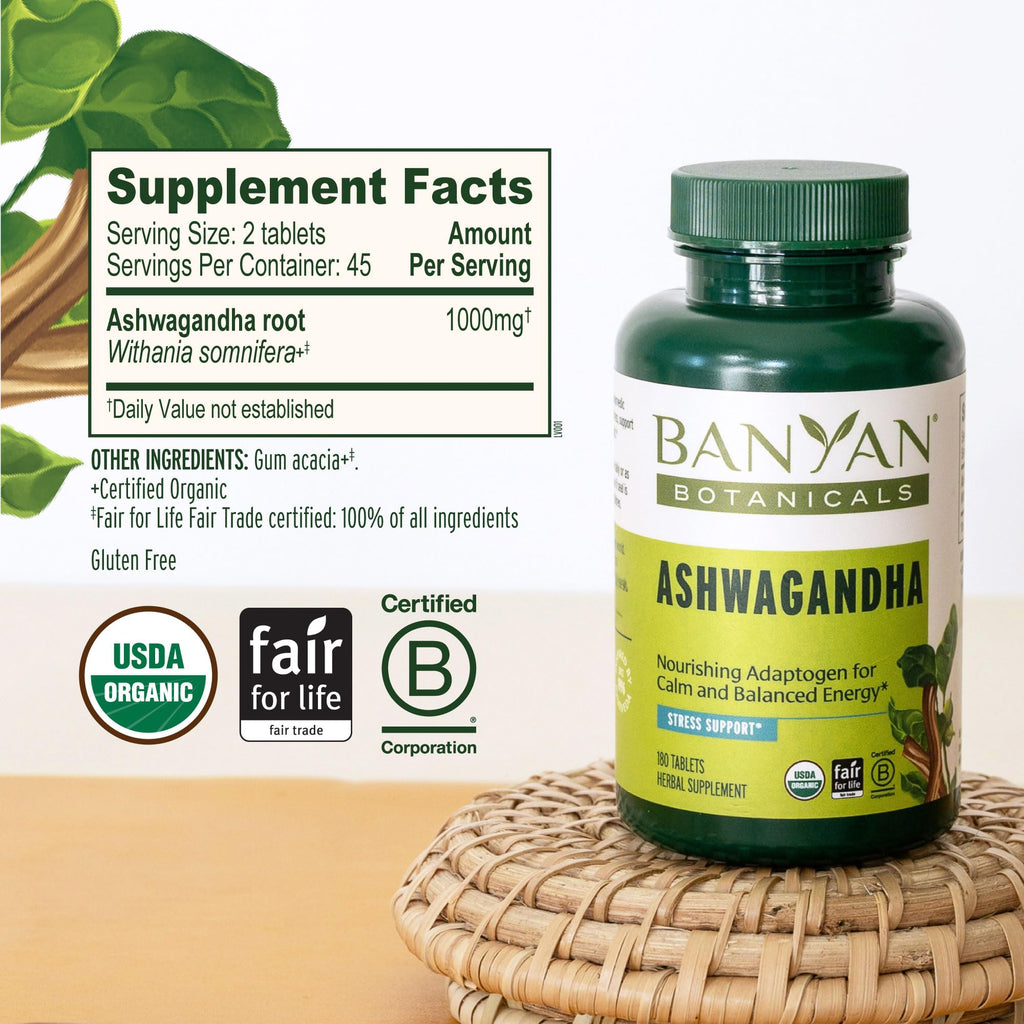 Banyan Botanicals Organic Ashwagandha - 1000mg per Serving - Cortisol Manager & Stress Relief Supplement - Adrenal Support for Mood, Restful Sleep & Muscle Recovery - 180 Tablets - Non-GMO, Vegan* Banyan Botanicals Au supplements