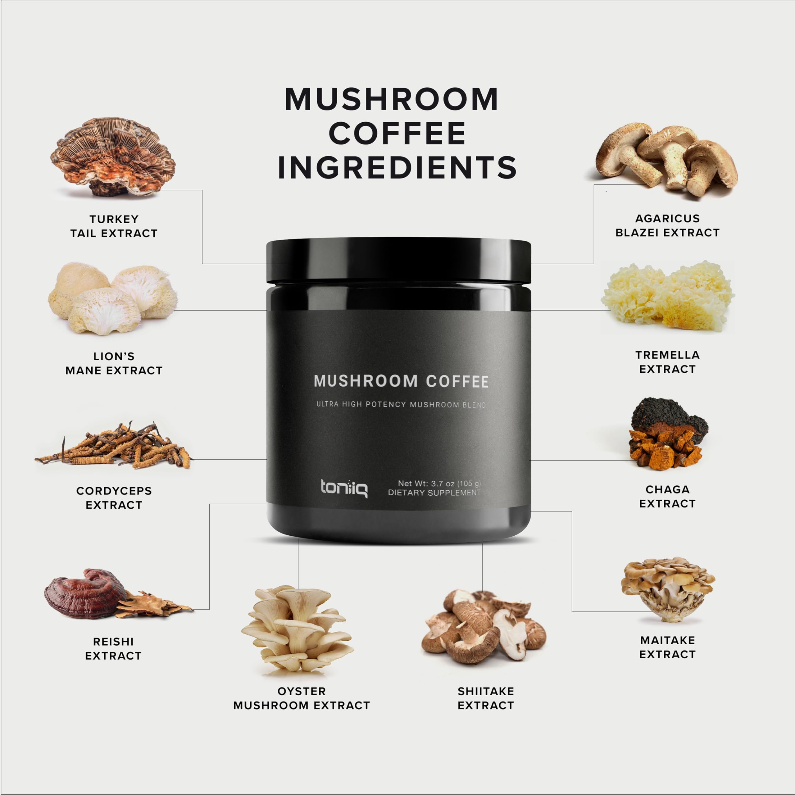 Mushroom Coffee - Ultra High Potency 10:1 Concentrated Extract - Colombian Sourced Beans with 10 Mushroom Blend, Lion's Mane & Cordyceps - Rich & Functional Coffee Alternative - Third-Party Lab Tested Toniiq Au supplements