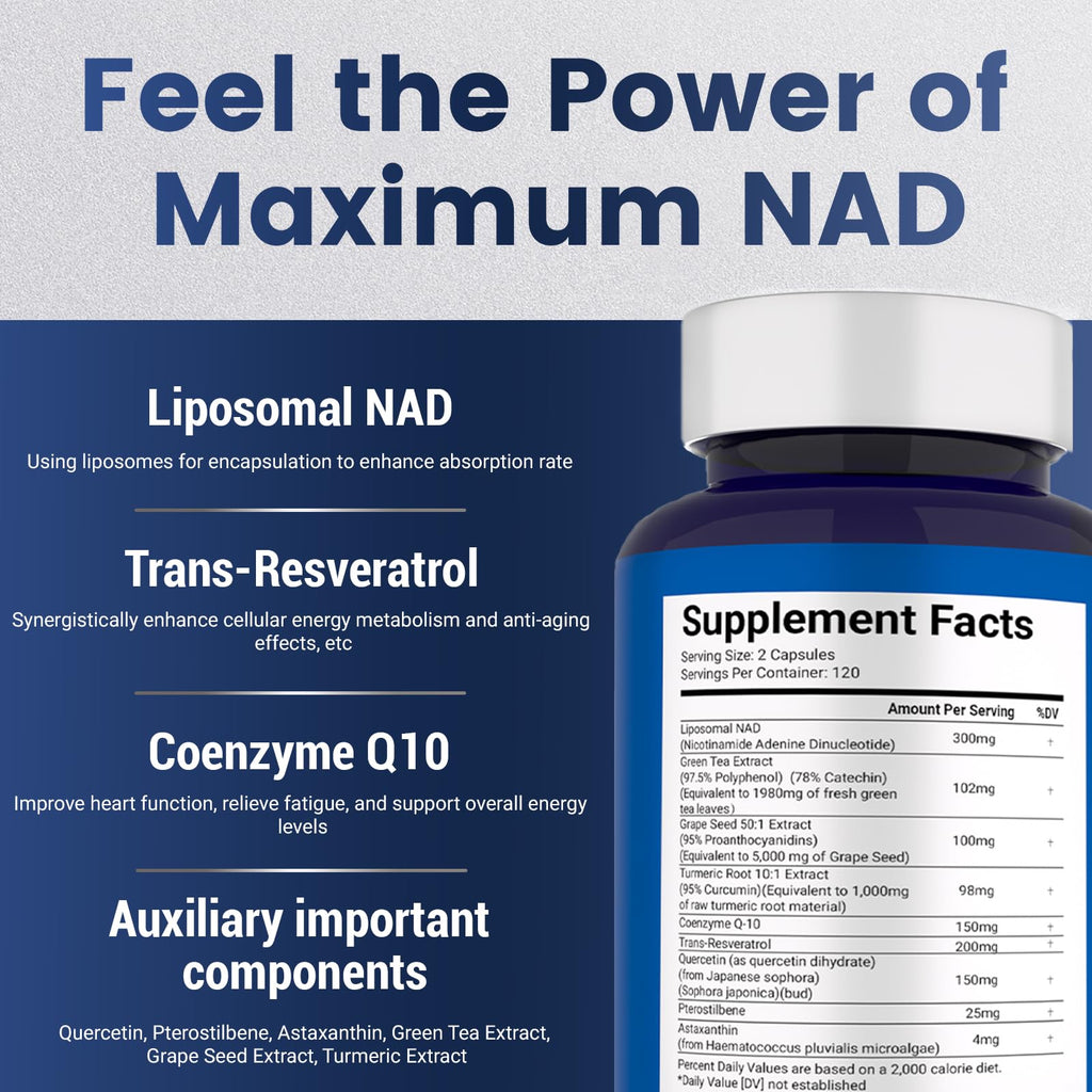 NAD+ Supplement 8,809mg with Liposomal NAD and Resveratrol for Women & Men - 120 Capsules to Support Cellular Health, Boost Stamina & Healthy Aging, Vegan & Gluten-Free Maximum NAD Au supplements