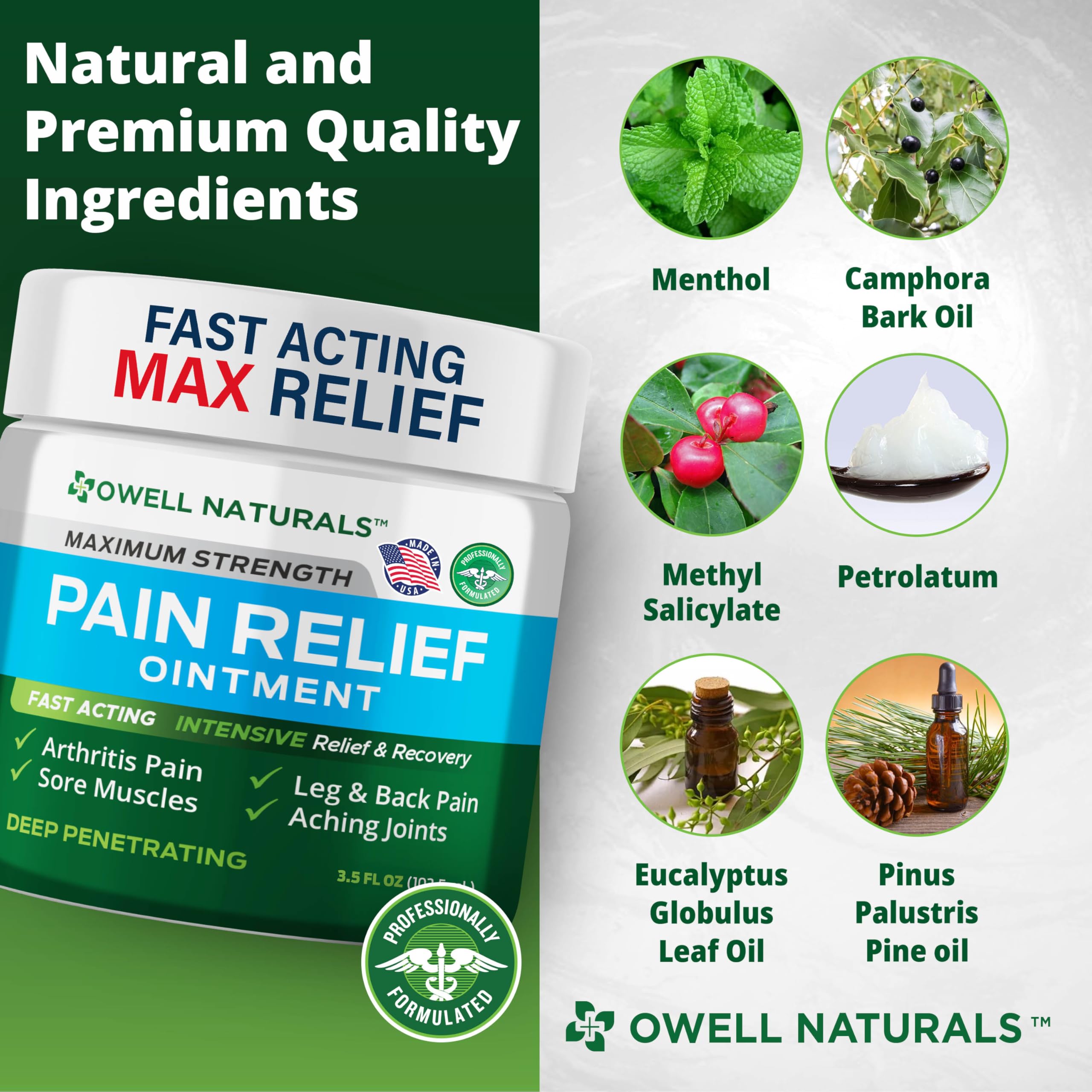 OWELL NATURALS Pain Relief Ointment Deep Penetrating Fast Acting Formula for Arthritis, Joint & Muscle Discomfort, Stiffness, Long-Lasting Soothing Balm, 3.5 oz Owell Naturals Au supplements