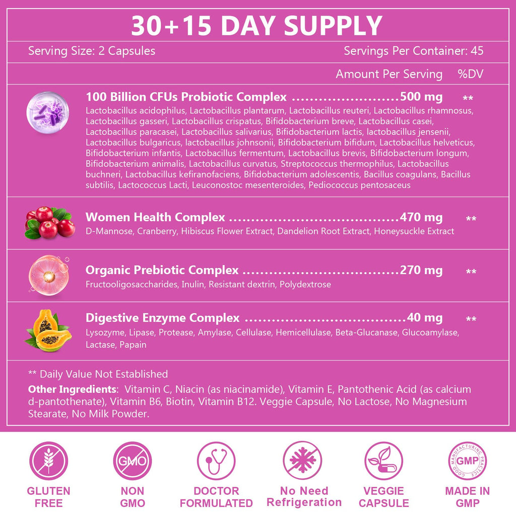 NATURE TARGET Probiotics for Women, 100 Billion CFUs Probiotic with Digestive Enzymes & Prebiotics, Vaginal Probiotics with Cranberry for Urinary Tract Health