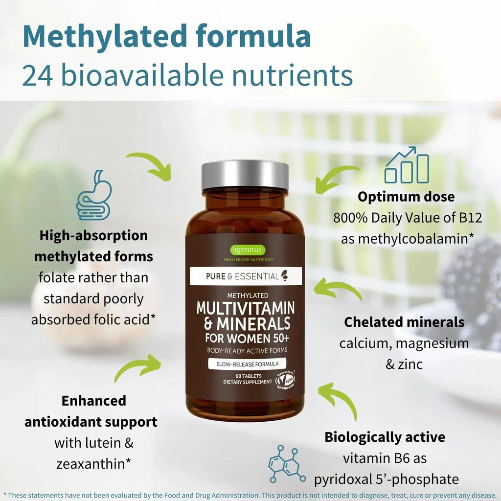 Igennus Methylated Women's 50+ Multivitamin with Calcium & Magnesium, Pure & Clean, All-Day Nutrient Delivery with High-Strength B-Vitamins Igennus Healthcare Nutrition Au supplements