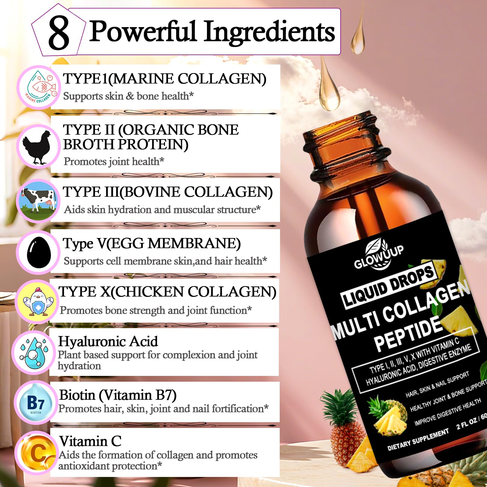 Multi Collagen Peptides Liquid Drops for Women & Men-Type I, II, III, V, X丨Hydrolyzed Collagen Peptides, Collagen Proteins W. Hyaluronic Acid, Biotin & Vitamin C for Hair Skin & Joint Gut Health GLOVVUUP Au supplements