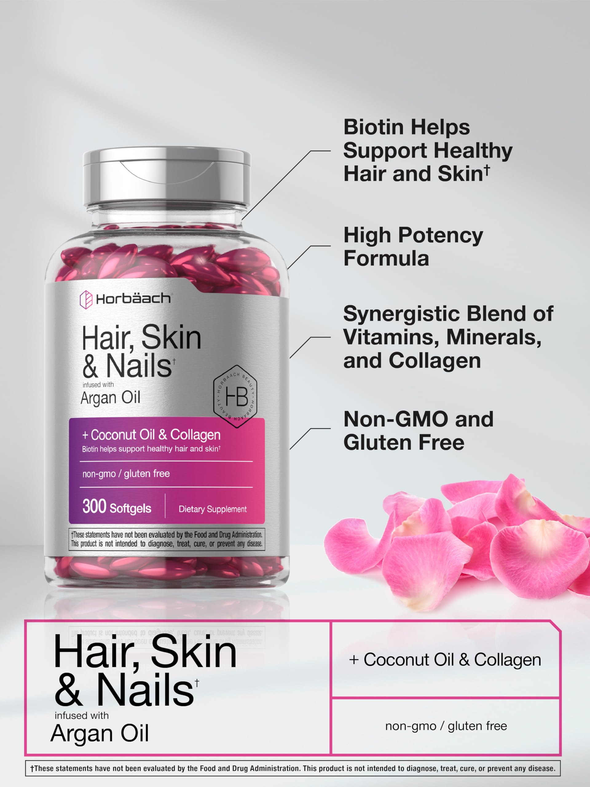 Horbäach Hair Skin and Nails Vitamins | 300 Softgels | with Biotin and Collagen | Infused with Argan Oil and Coconut Oil