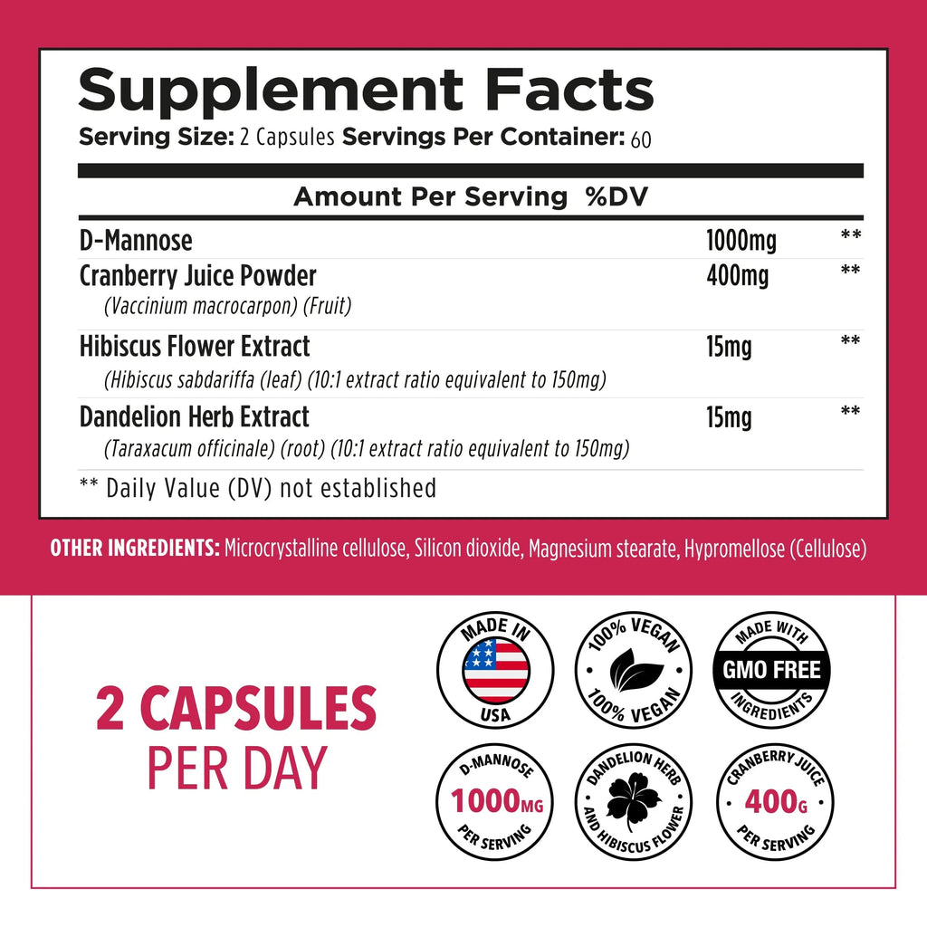 Plantvital D Mannose Capsules with Cranberry - D-mannose 1000mg Capsules - High Potency for Bladder, Kidney and Urinary Tract Support. Cranberry Powder with Hibiscus and Dandelion. 2 Months Supply Plantvital Au supplements