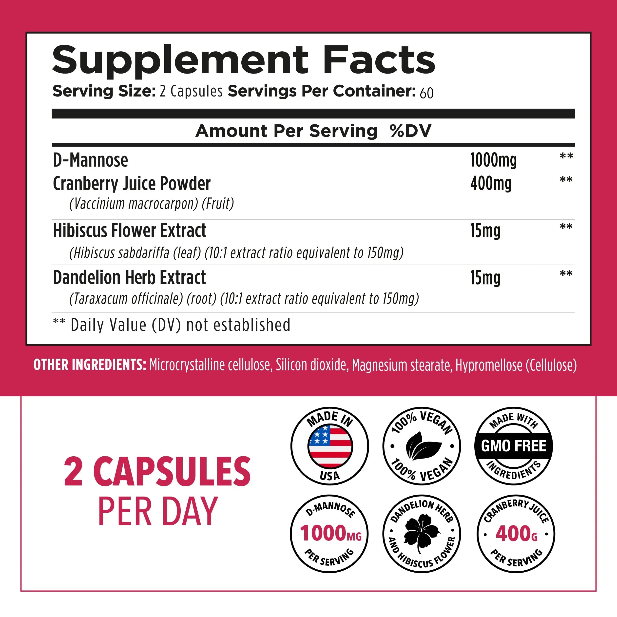 Plantvital D Mannose Capsules with Cranberry - D-mannose 1000mg Capsules - High Potency for Bladder, Kidney and Urinary Tract Support. Cranberry Powder with Hibiscus and Dandelion. 2 Months Supply Plantvital Au supplements