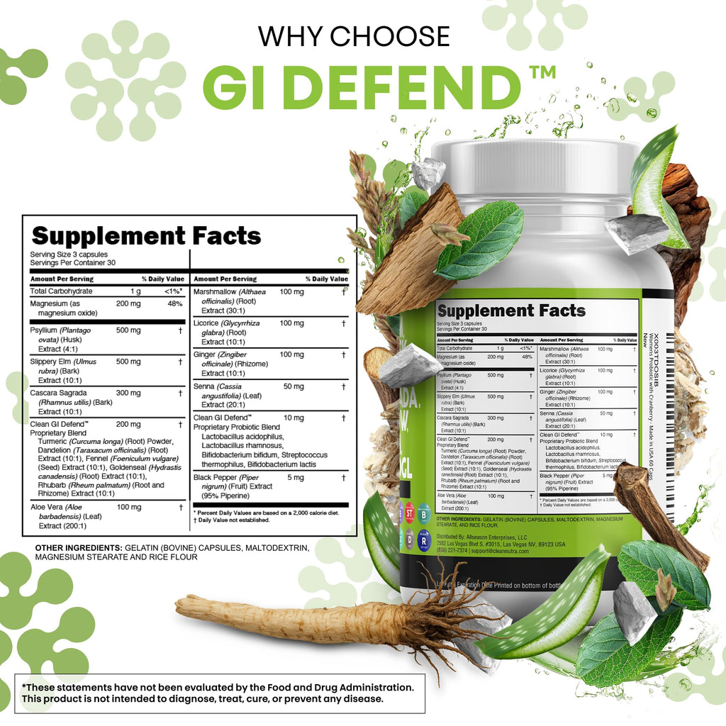 Clean Nutraceuticals Slippery Elm Psyllium Husk Pre Probiotic Digestive Gut Health Supplement with Aloe Vera Cascara Sagrada