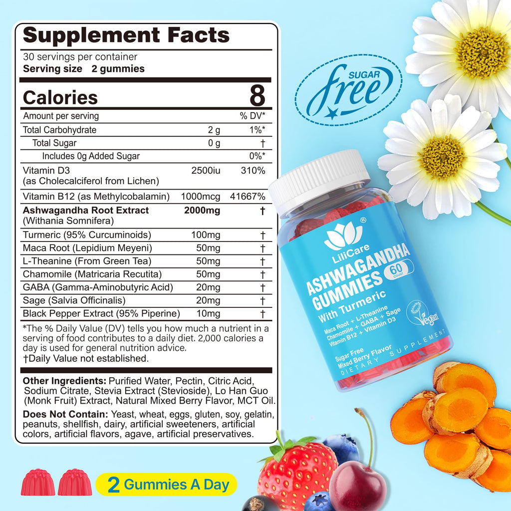 Ashwagandha Gummies 2000mg for Women Men - Sugar Free, Vegan - Organic Ashwagandha Root Extract Supplements Gummy & Vitamin D3