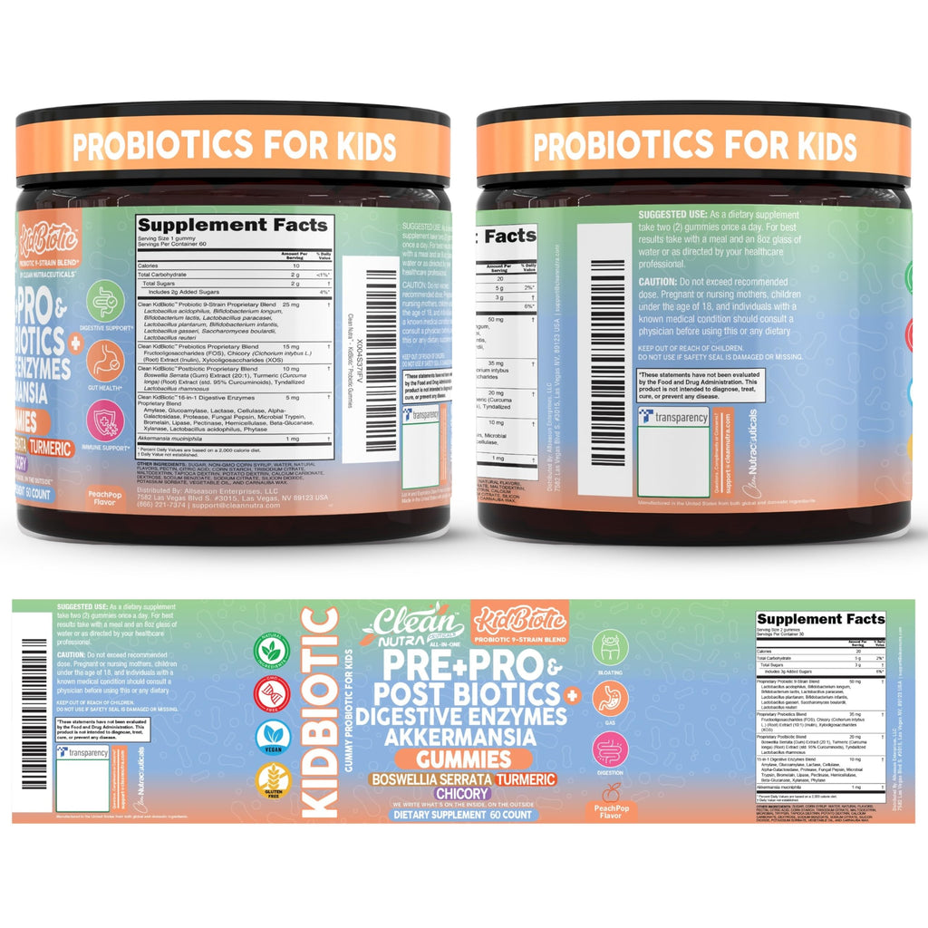 Clean Nutra Kids Probiotics Gummies with Prebiotics, Postbiotics, Digestive Enzymes, Akkermansia, Boswellia Serrata, Turmeric, Chicory – 60 Count – Plant-Based Supplement for Kids – PeachPop Flavor Clean Nutraceuticals Au supplements