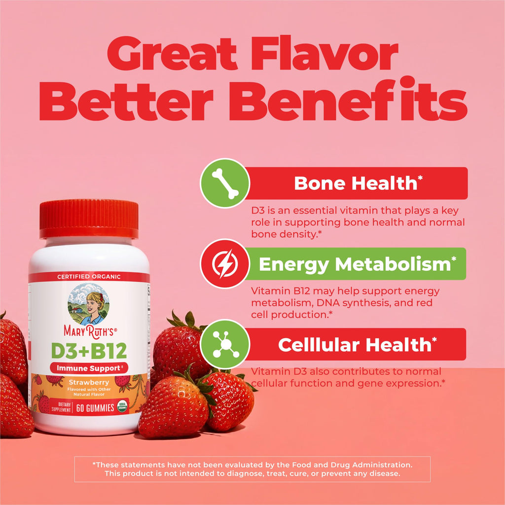 MARYRUTH'S Organic Vitamin D3 + B12 Gummies for Ages 4+ | Bone Health | Immune Support | Energy Metabolism | Cognitive Function | Vegan | Non-GMO