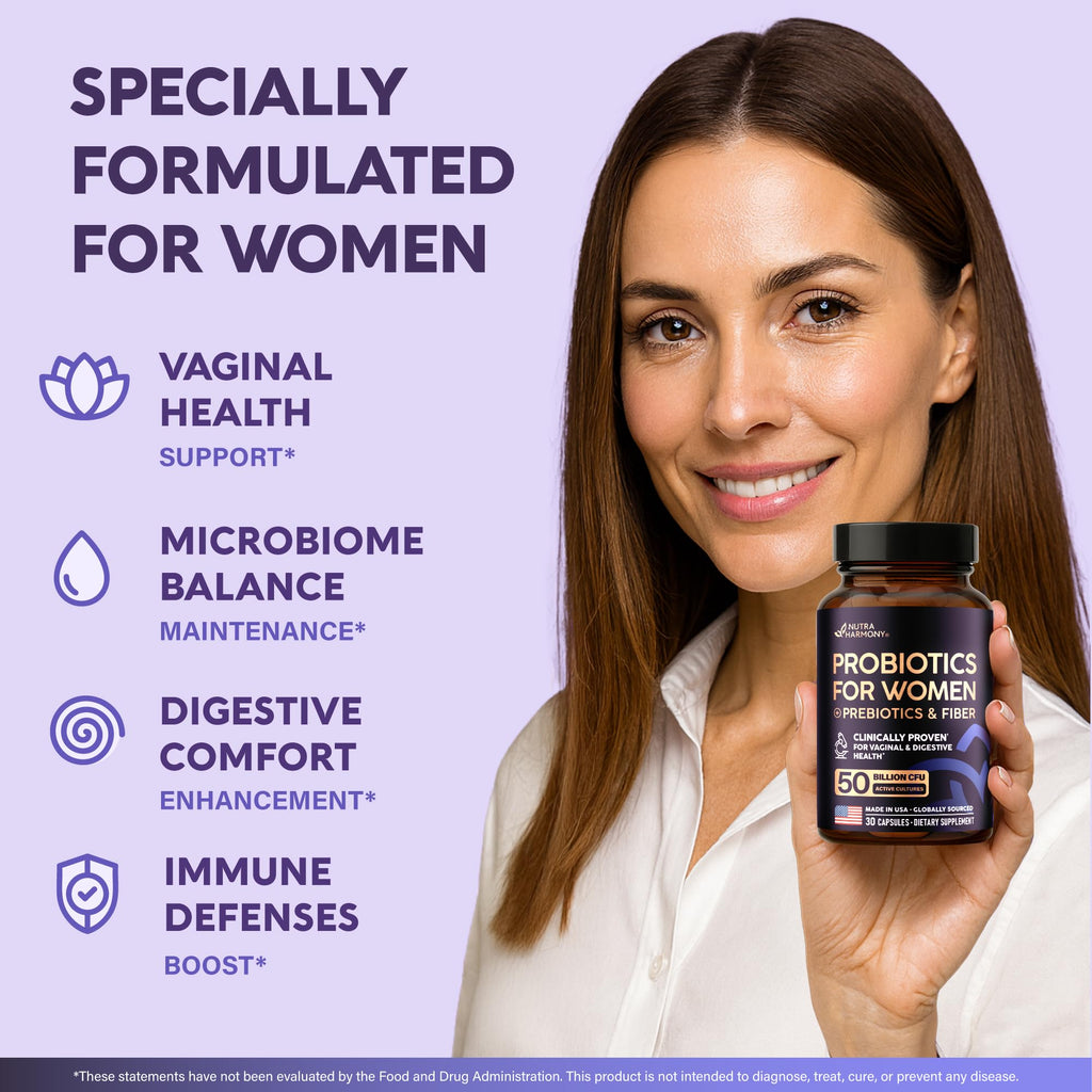 Probiotics for Women 50 Billion CFU - Vaginal Probiotics Clinically Proven for Yeast & pH Balance - Digestion & Bloating Relief - 8 Strains + Prebiotics - Delay Release - Made in USA, 30 Capsules NUTRAHARMONY Au supplements