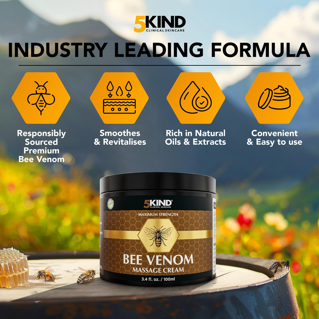 5kind Maximum Strength Bee Venom Cream - Naturally Massage Joints & Muscles, Lower Back, Knee, Neck, Shoulder, Hip & Feet - Responsibly Sourced Premium Bee Venom Cream 3.4 Fl Oz 5kind clinical skincare Au supplements