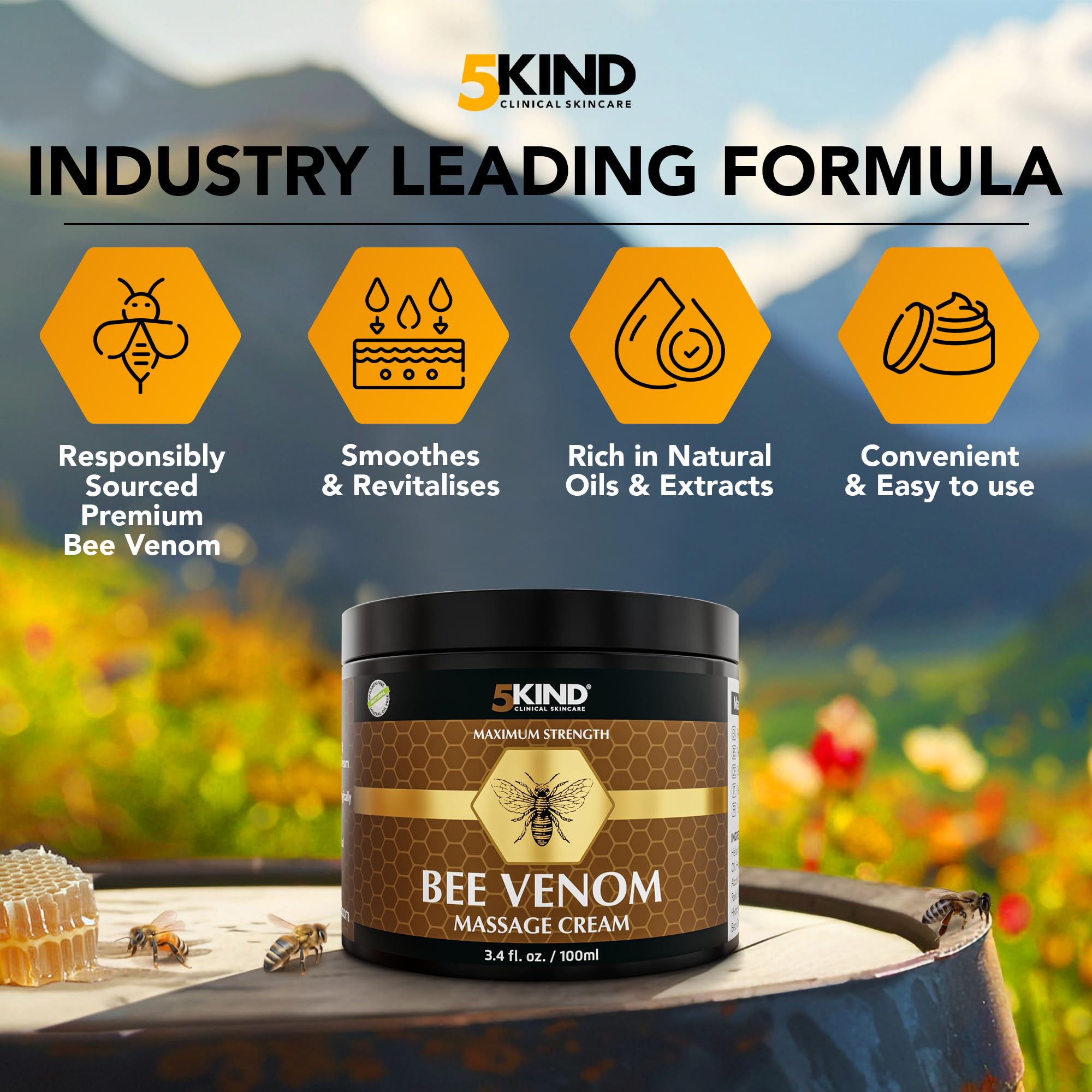 5kind Maximum Strength Bee Venom Cream - Naturally Massage Joints & Muscles, Lower Back, Knee, Neck, Shoulder, Hip & Feet - Responsibly Sourced Premium Bee Venom Cream 3.4 Fl Oz 5kind clinical skincare Au supplements